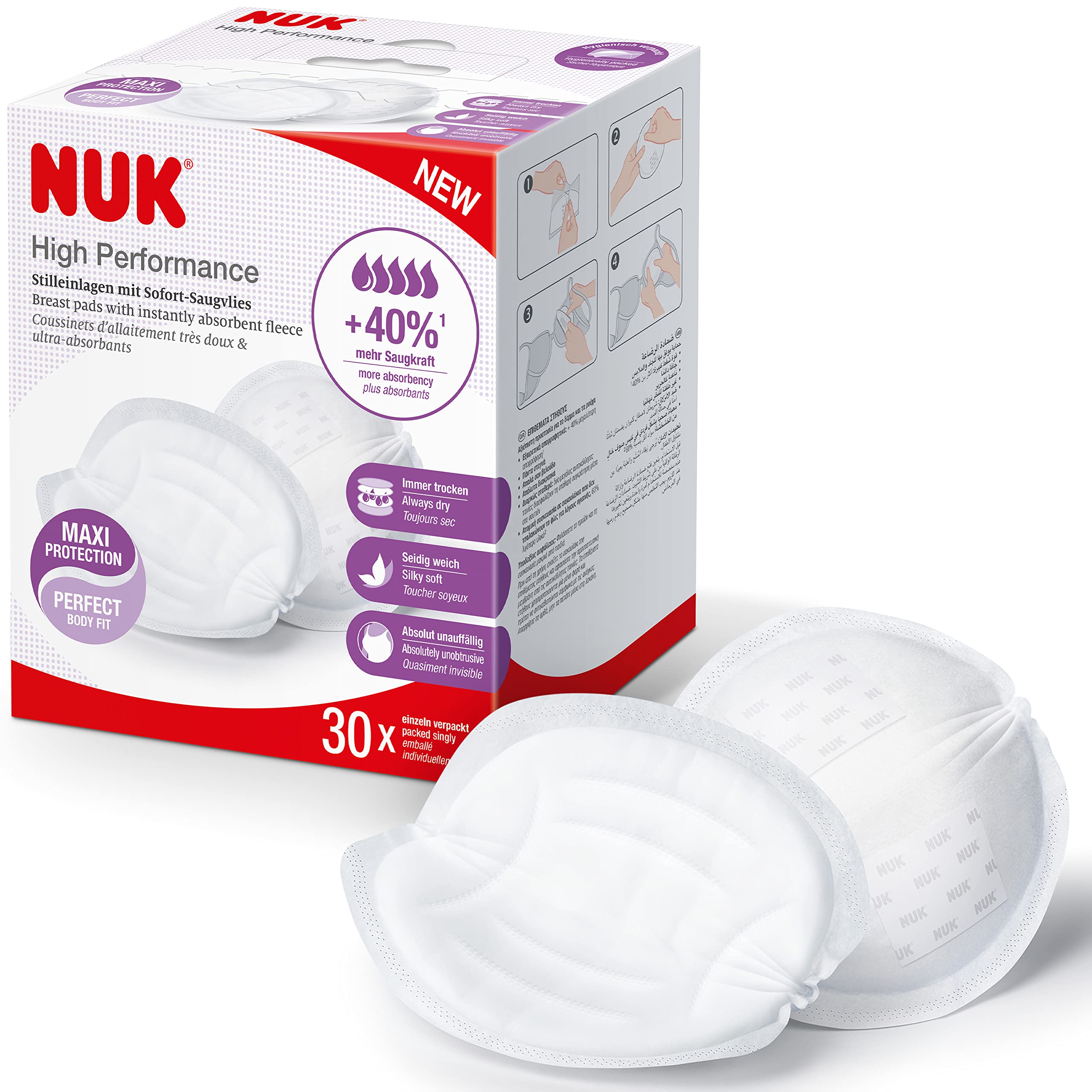 NUK High Performance Disposable Breast Pads | Nursing Pads for Breastfeeding |Instantly Absorbs Breast Milk | Individually Packed | 30 Count