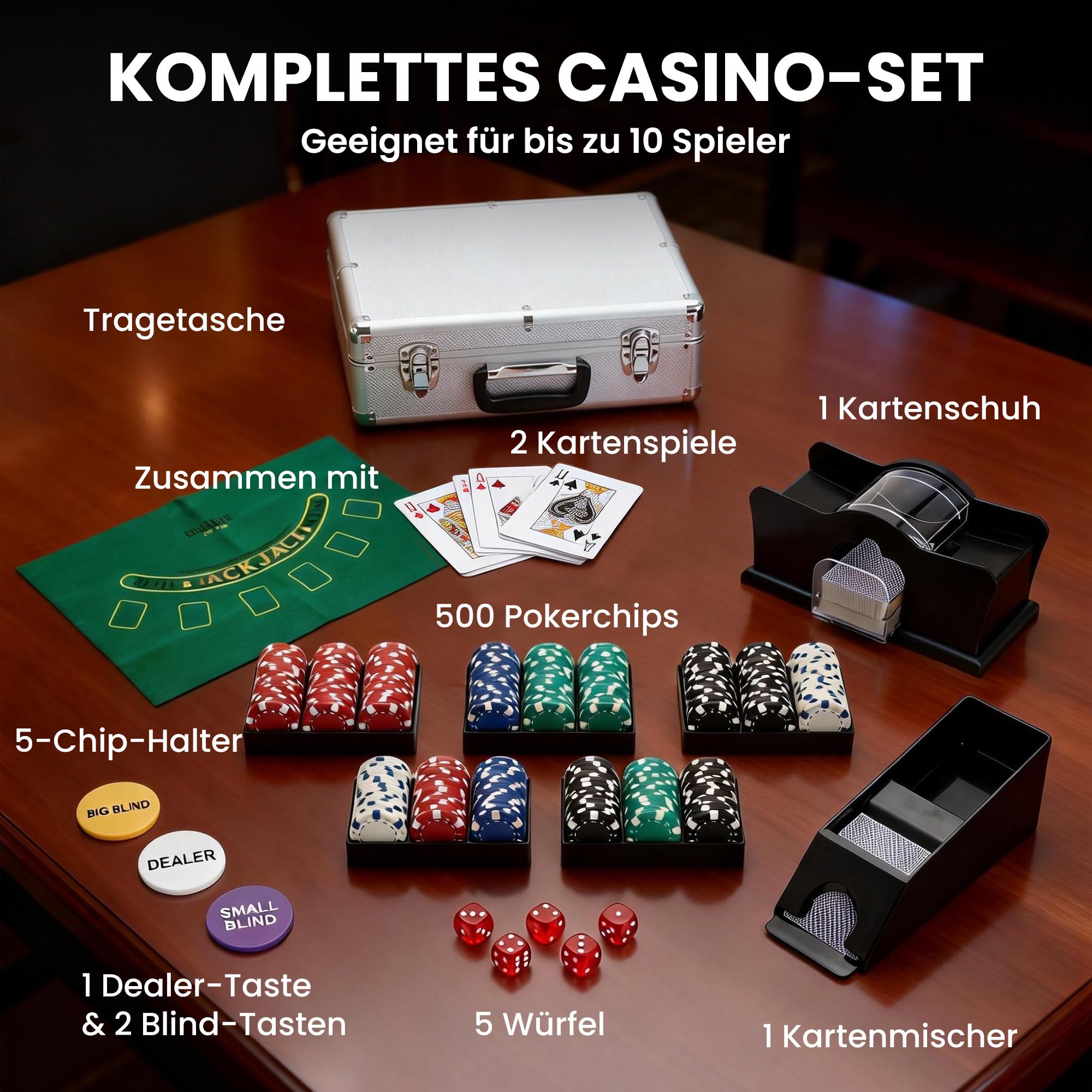 SPORTNOW Walizka pokerowa zamykana, zestaw 500 żetonów, karty, 5 kostek