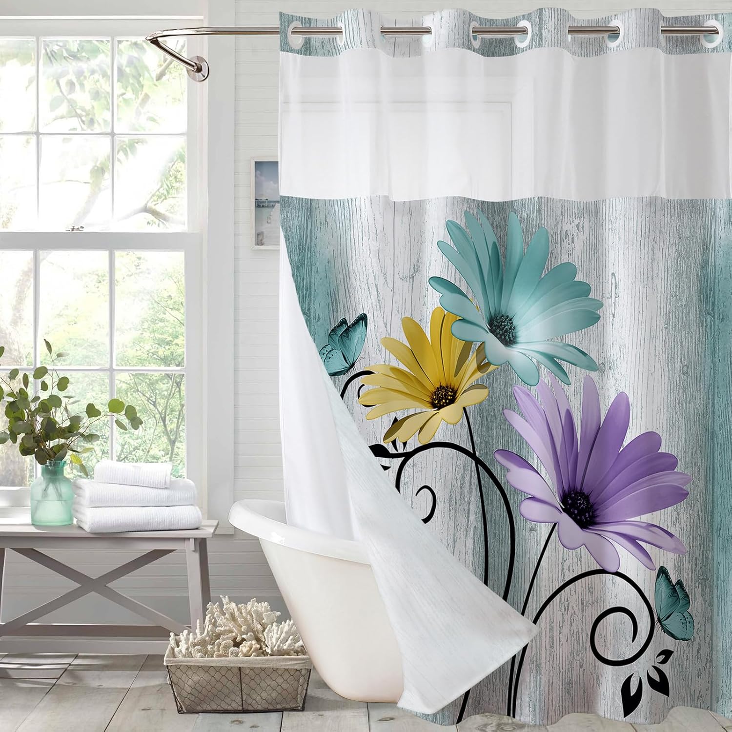 Muuyi Hookless Shower Curtain with Snap in Liner, Farm Teal No Hook Shower Curtains for Bathroom，Shower Curtain and Liner Set for Bathroom Decor,Waterproof & Washable,72W x 75L Inch