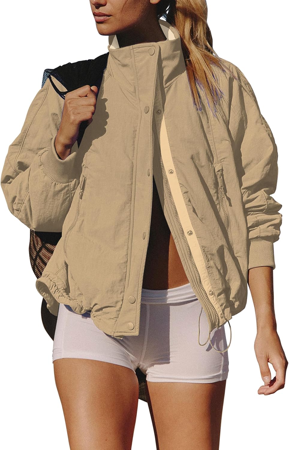 Women's Winter Long Sleeve Zip Warm Coats Button-Down Stand Collar Lightweight Jacket Field Outwear(0795-Khaki-XS)