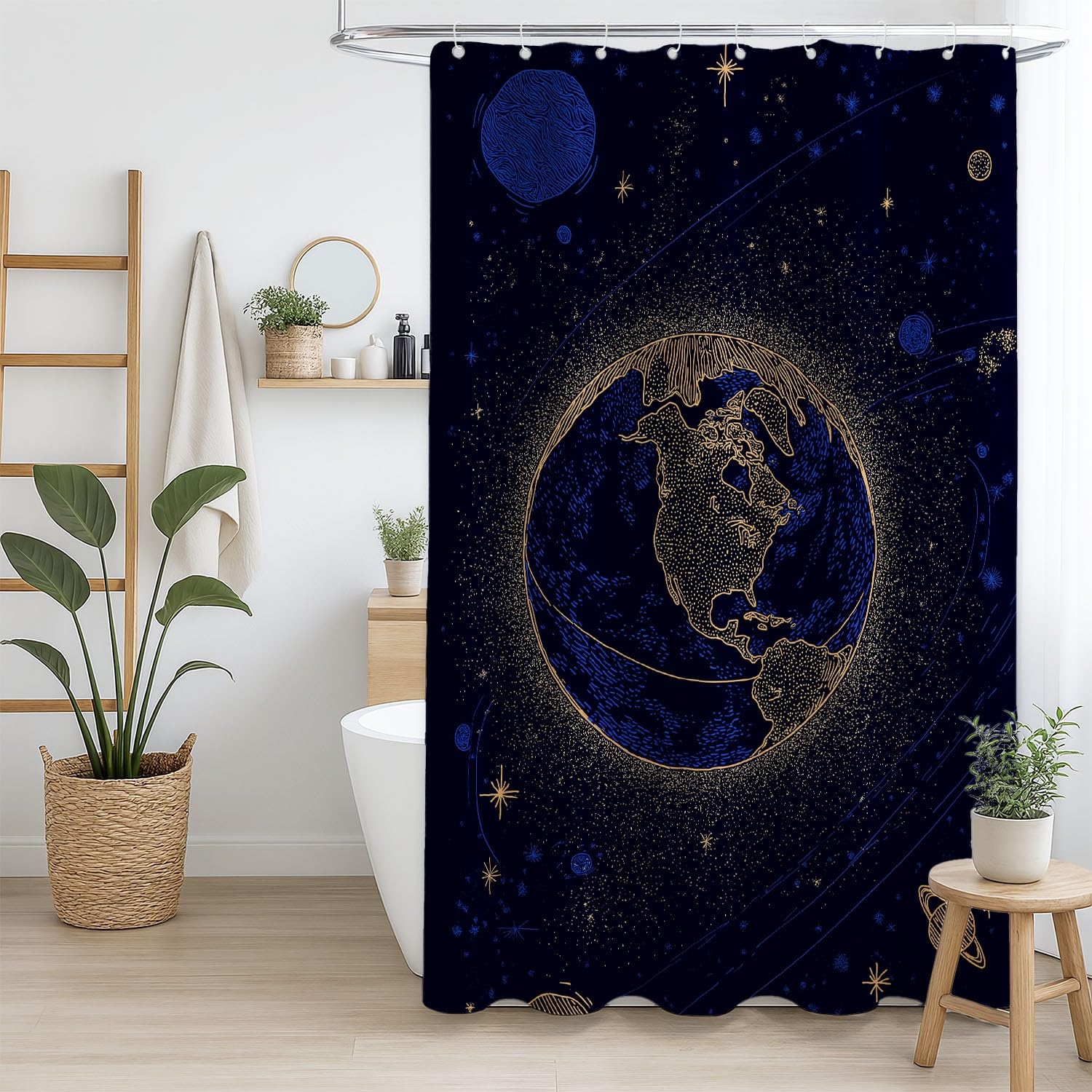 Generico Fantasia Tenda Da Doccia Misterioso Spazio Terra Blu Oro, Tenda Da Doccia Per Bagno, Vasca Da Bagno, Tenda In Poliestere Impermeabile Con Ganci In Plastica, 180 x 200 cm