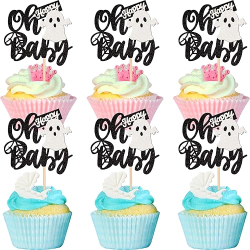 24 piezas de Halloween Ghost Oh Baby Cupcake Toppers Glitter Spooky Baby Shower Cupcake Picks para Halloween, baby shower, fiesta de cumpleaños de