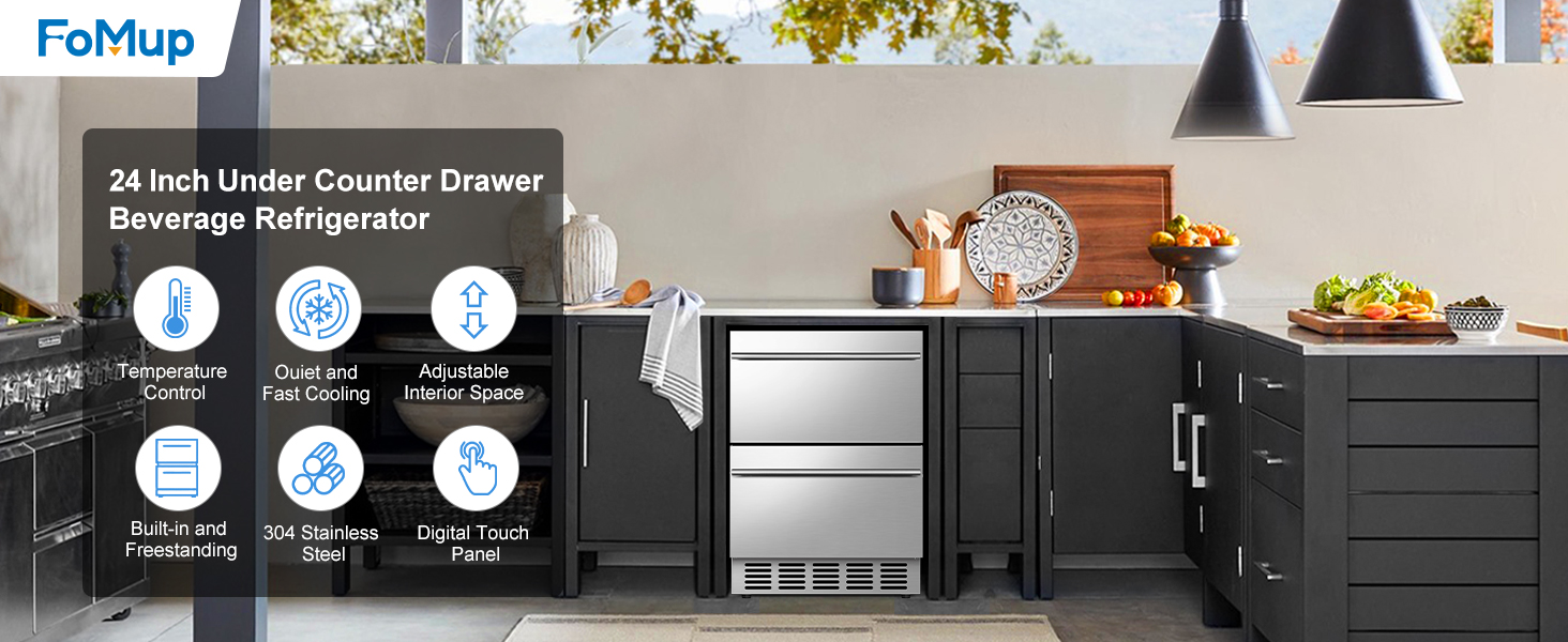 Image of Under Counter Beverage Refrigerator 24 Inch, Outdoor Drawer Fridge Stainless Steel with Temperature Control for Home, Outdoor Patio and Commercial Use