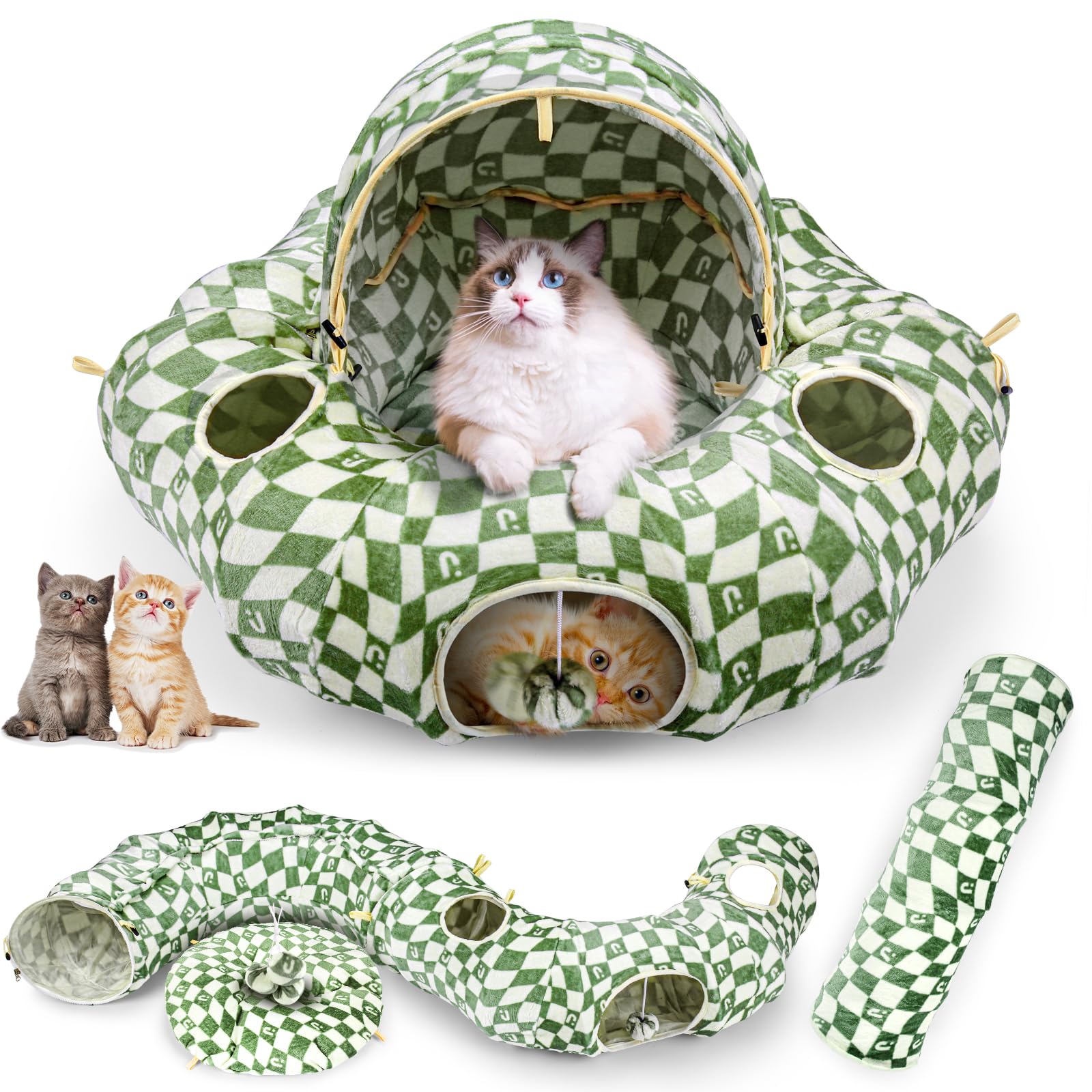 OUHOU Cat Bed and Tunnel Toy - Cat Donut with Straight Tunnel, Washable Cushion, 4 Hanging Balls, 6 Peek Holes, Collapsible, Green