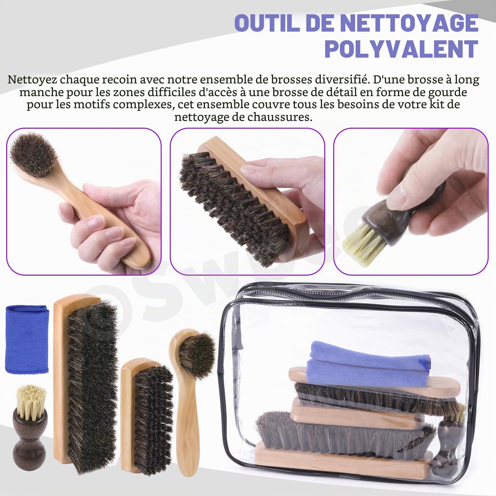 Swpeet Lot de 5 brosses à chaussures en crin de cheval - Brosse de polissage pour chaussures - Brosse de nettoyage pour chaussures en cuir et bottes - Applicateurs de nettoyage pour daim avec chiffon