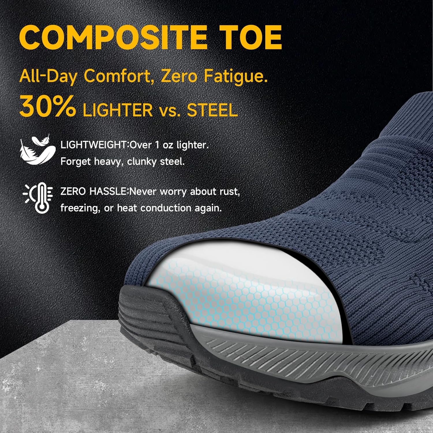 Sosenfer Slip On Composite Toe Shoes for Men | Wide Toe Box Safety Sneakers | Lightweight Steel Toe Work Shoes | Non-Slip for Construction/Warehouse - Image 4