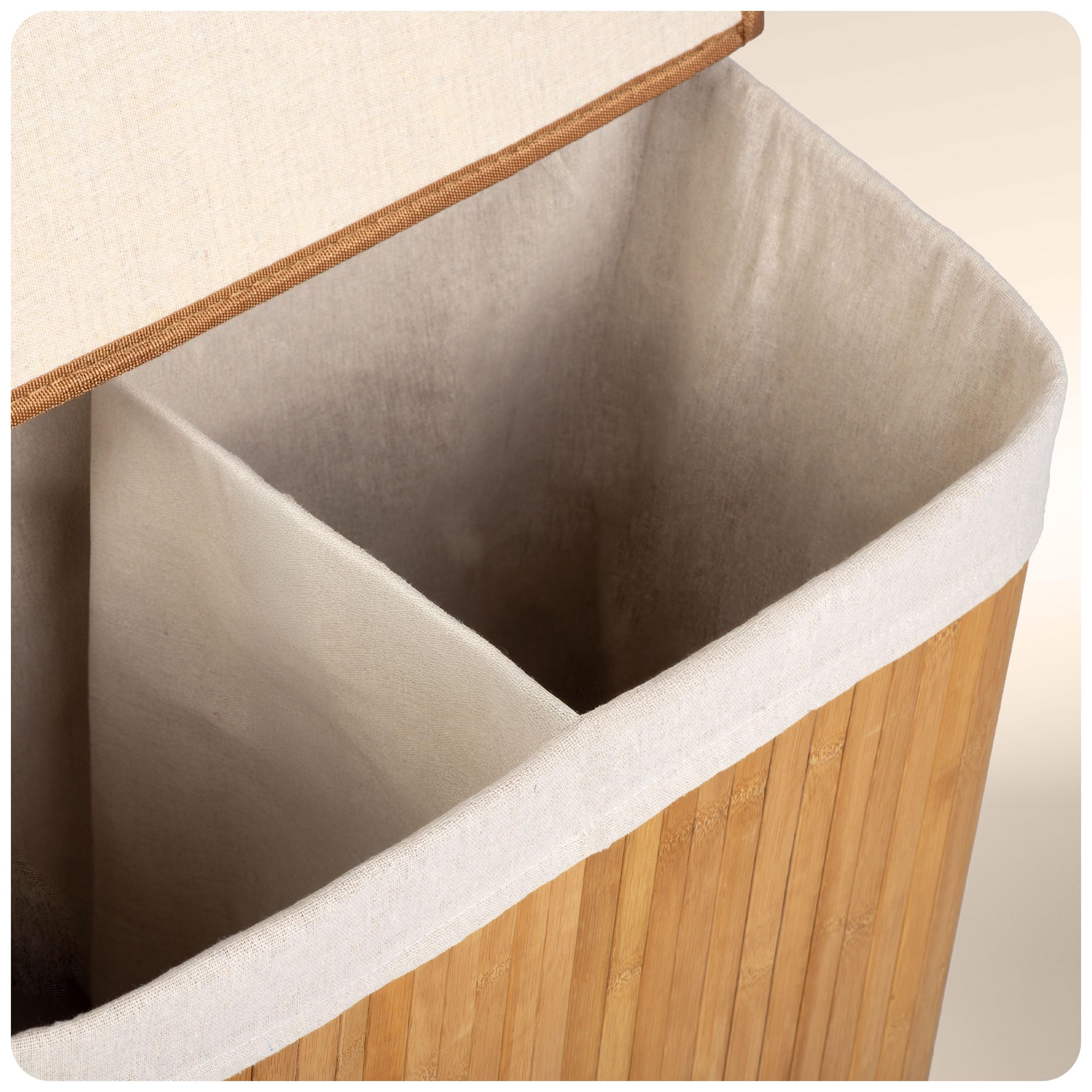 Cesto portabiancheria a 2 scomparti, 100 l, con coperchio e sacco per la biancheria, in bambù, colore beige, 61 x 54 x 34 cm