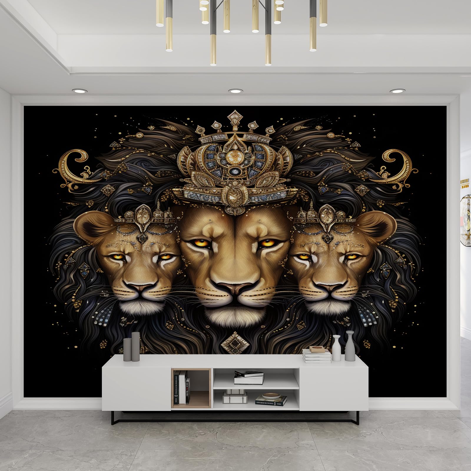 Sticker mural lion noir et or retro pour decoration centrale chambre