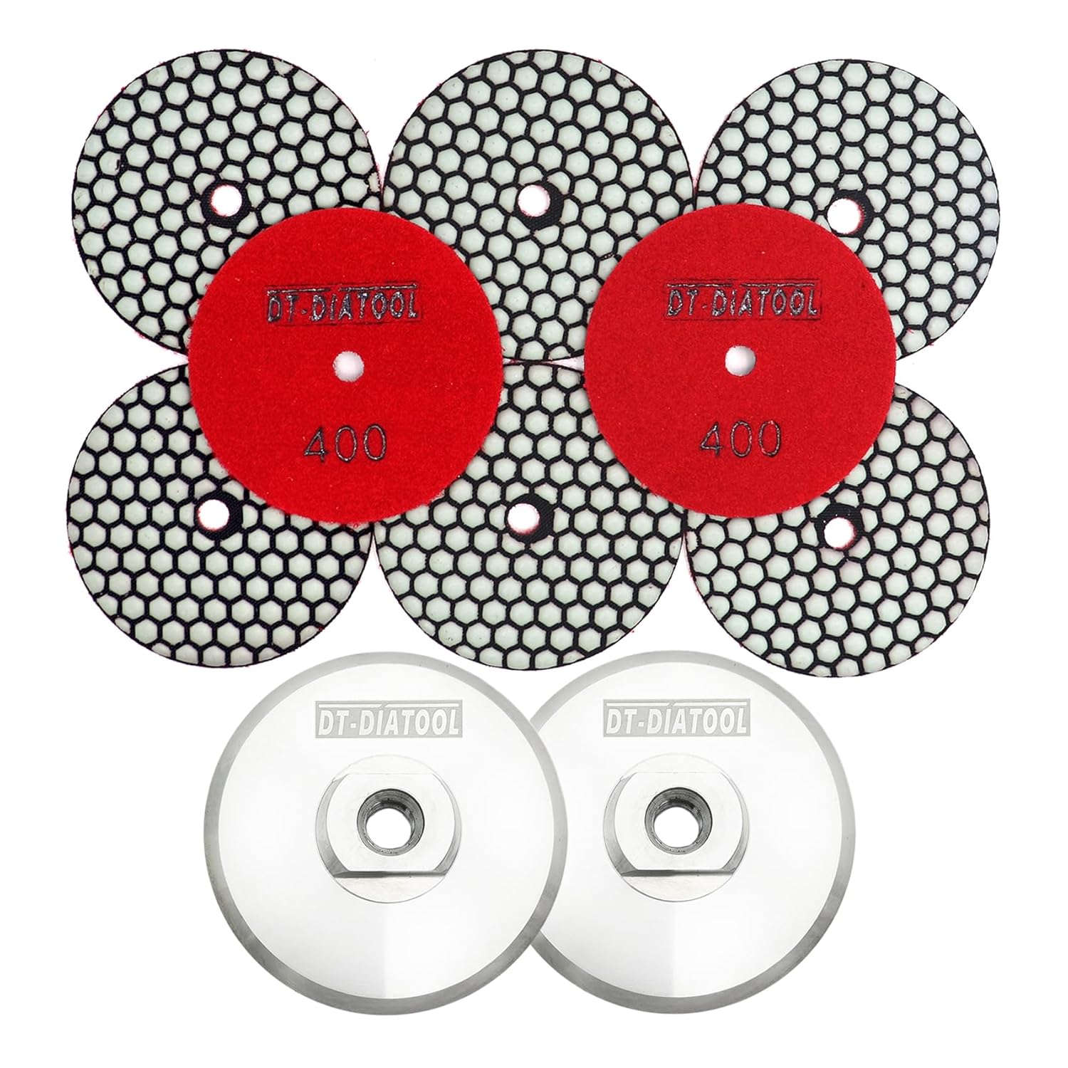 DT-DIATOOL Dry Diamond Polishing Pads 4 Inch 8 Pieces Grit 400 with 2pcs Aluminum Backer Pad 4 Inch Hook and Loop Backing pad 5/8-11 Arbor