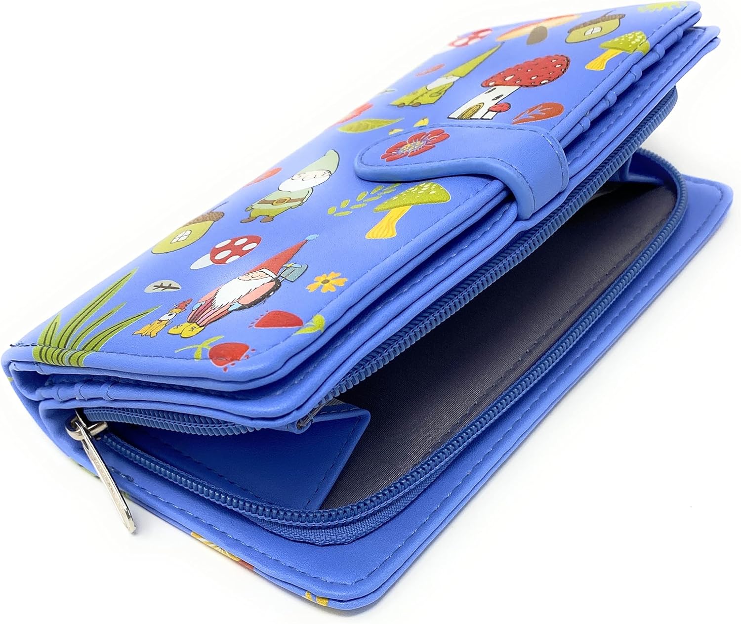 Shag Wear Gnome Forest Large Wallet for Women and Teen Girls Multiple Gnomes Mushrooms Plants Vegan Faux Leather Blue 7" - Image 4
