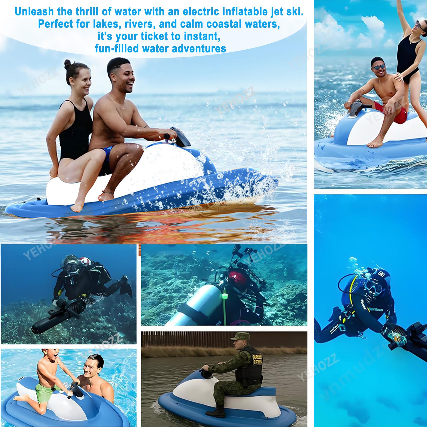 Bateau à Réaction Gonflable, Bateau à Moteur électrique, Jet Ski, Kayak 500 W, Moteur électrique, Sup, Scooter sous-Marin Motorisé pour Adultes Et Enfants Blue-500W16000mAh