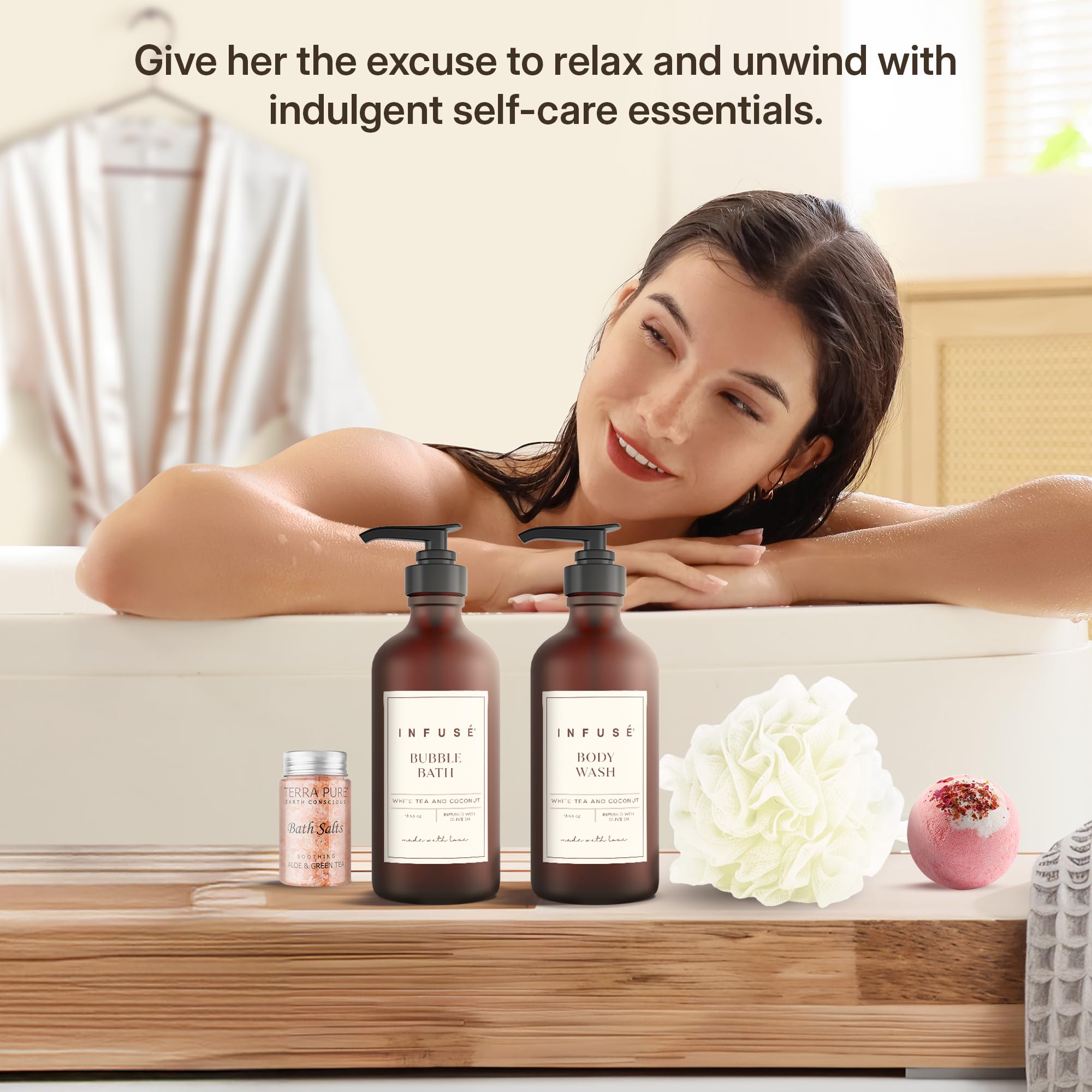 17-Piece Luxury Gift Set with Robe | Complete INFUSÉ White Tea & Coconut Bath Collection | Self-Care Kit with Bath Bombs, Face Masks & Hair Care | Bridesmaid, Mom, Wife, Grandma or Loved Ones