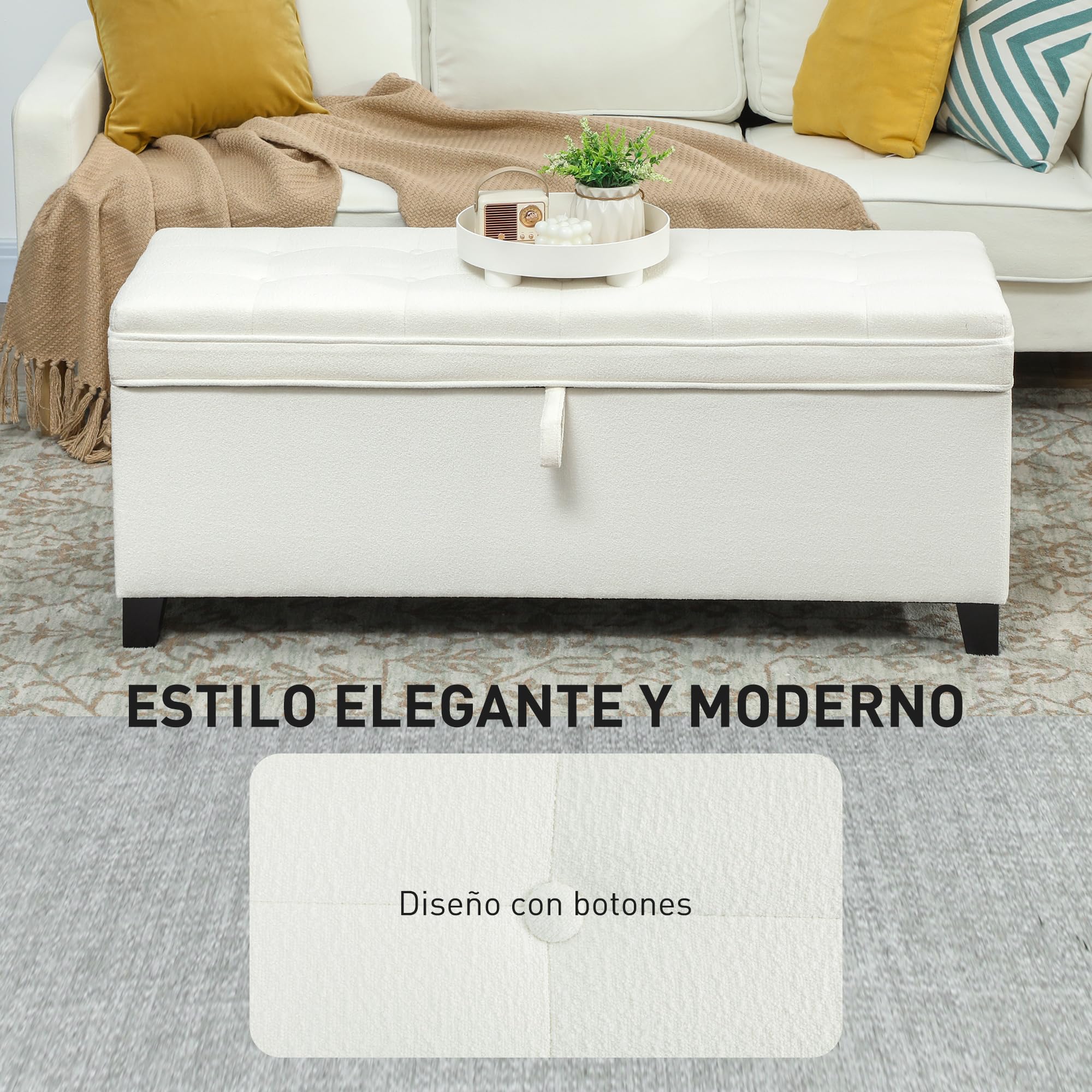 HOMCOM Puff Almacenaje Banco Almacenaje 112L Tapizado en Lino con 2 Bisagras de Seguridad Tapa Abatible y Asiento con Capitoné para Dormitorio Salón Entrada Carga 120 kg 120x40x48 cm Crema