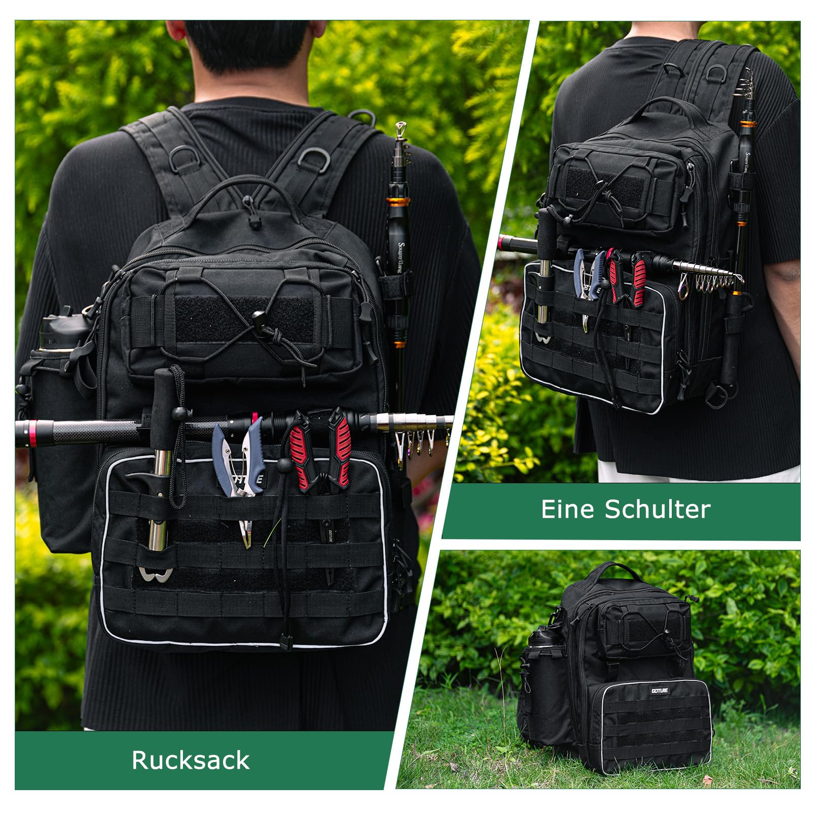 Goture Angelrucksack mit 2 Köderbox Angeln, Angelzubehör-Rucksack mit Rutenhalter, Tasche für Salzwasser- und Süßwasserfischen Angeltasche