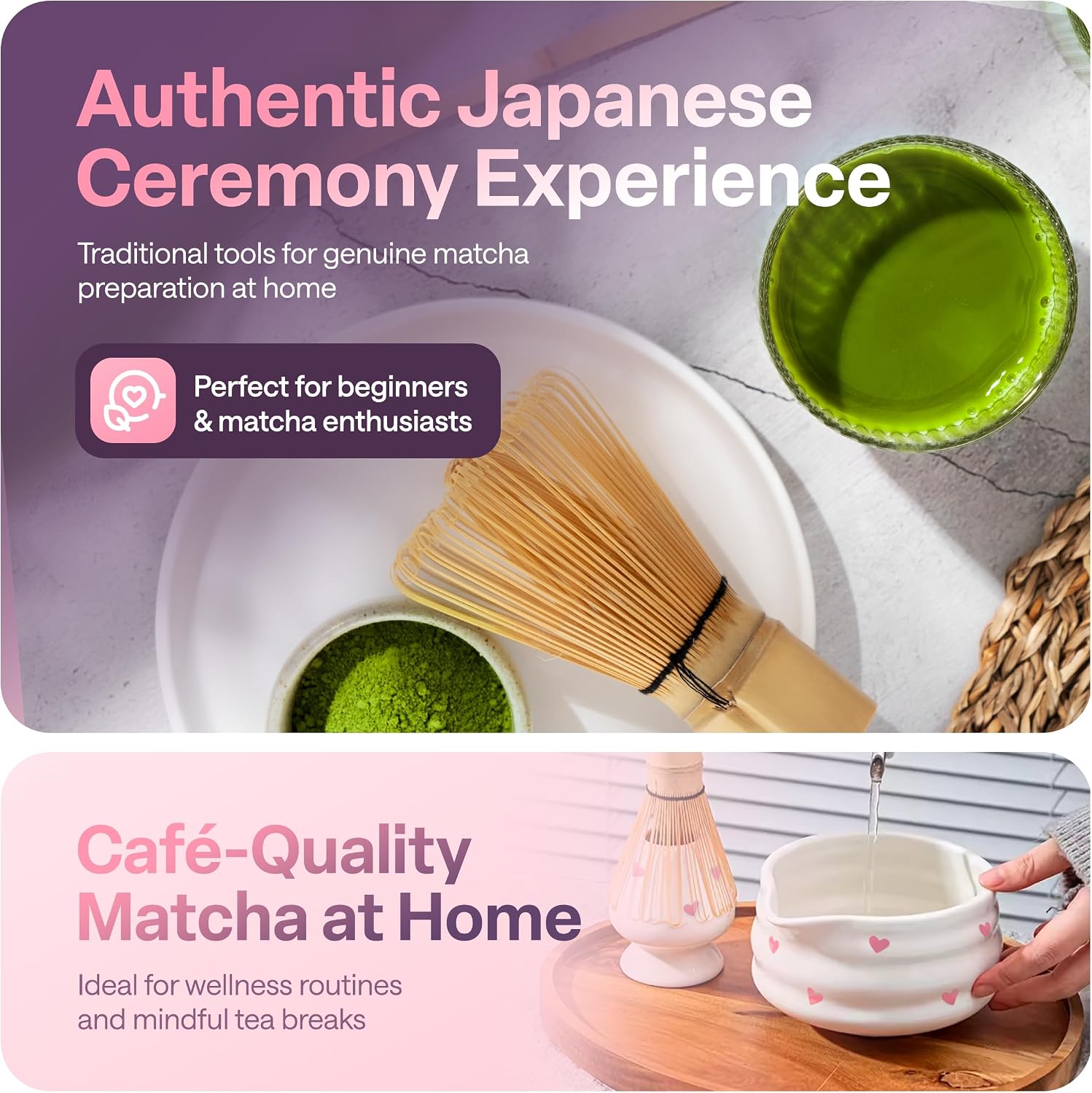 Matcha Whisk Set with Pink Hearts - 6 Piece Ceramic Matcha Set with a Bowl, Whisk, Stand, Spoon and Sifter - Designed in the UK - Gift Set