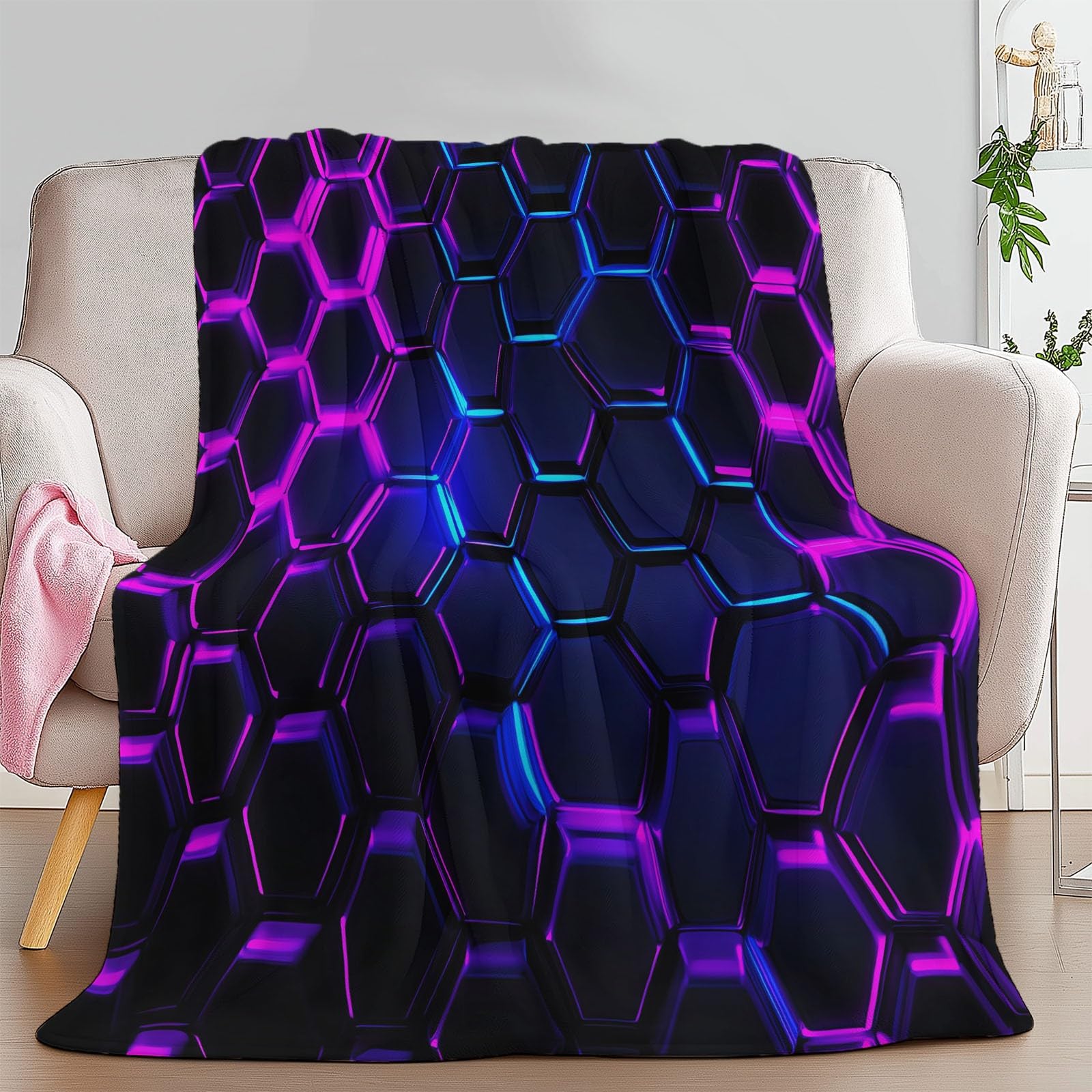 Przytulny koc 180 x 200 cm, geometryczny, sześciokątne, neonowe światło, flanela, przytulny koc, koc na kanapę, koc do przytulania, koc na 4 pory roku, narzuta na sofę, neonowy magenta