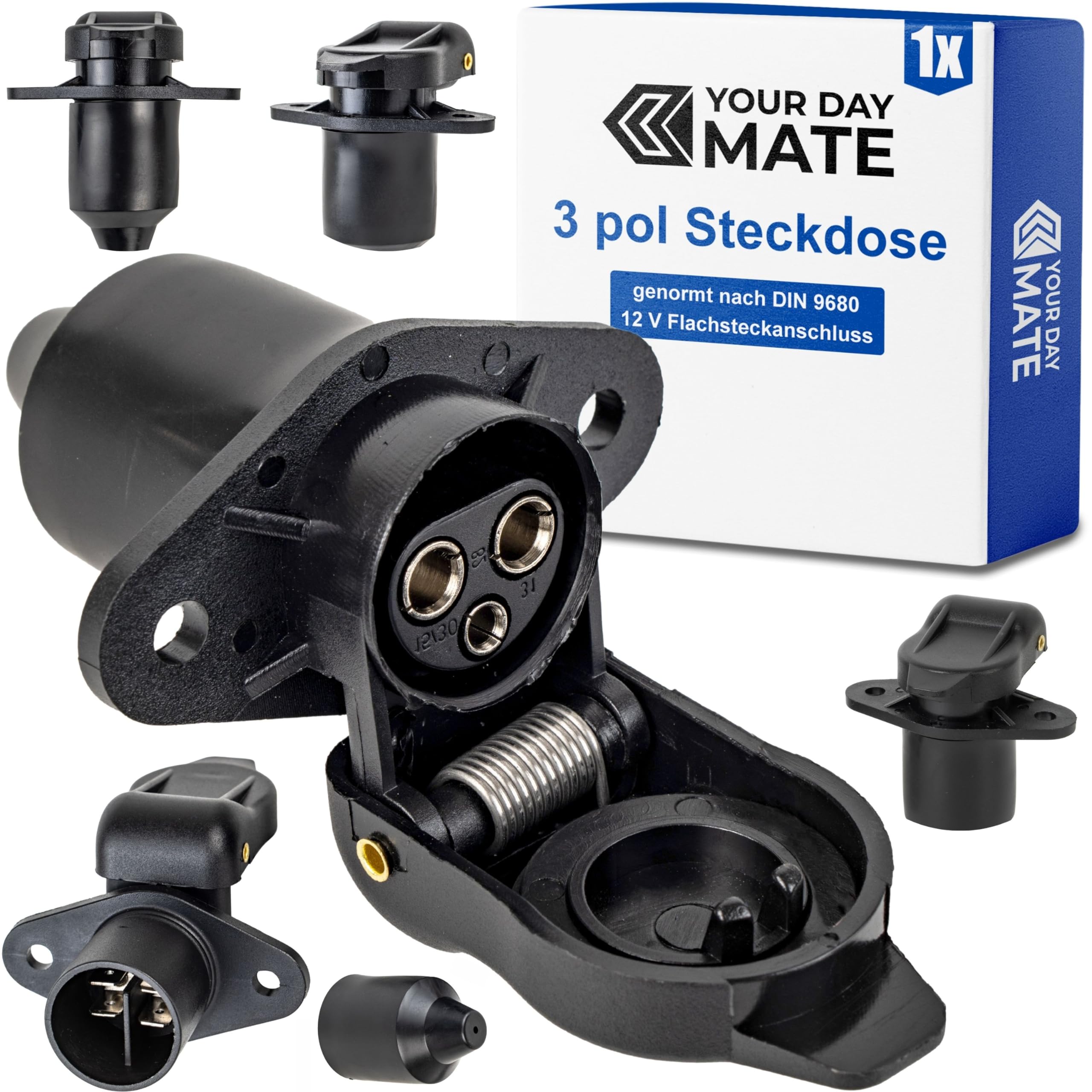 3 polige Steckdose, 1 Stück, 2-Loch Montageplatte, Hartplastik-Gehäuse, 3 pol Steckdose nach DIN 9680 genormt, mit Dichtring, Steckanschluss für 12 V Systeme, 3 pin Socket Landmaschine, Baumaschine