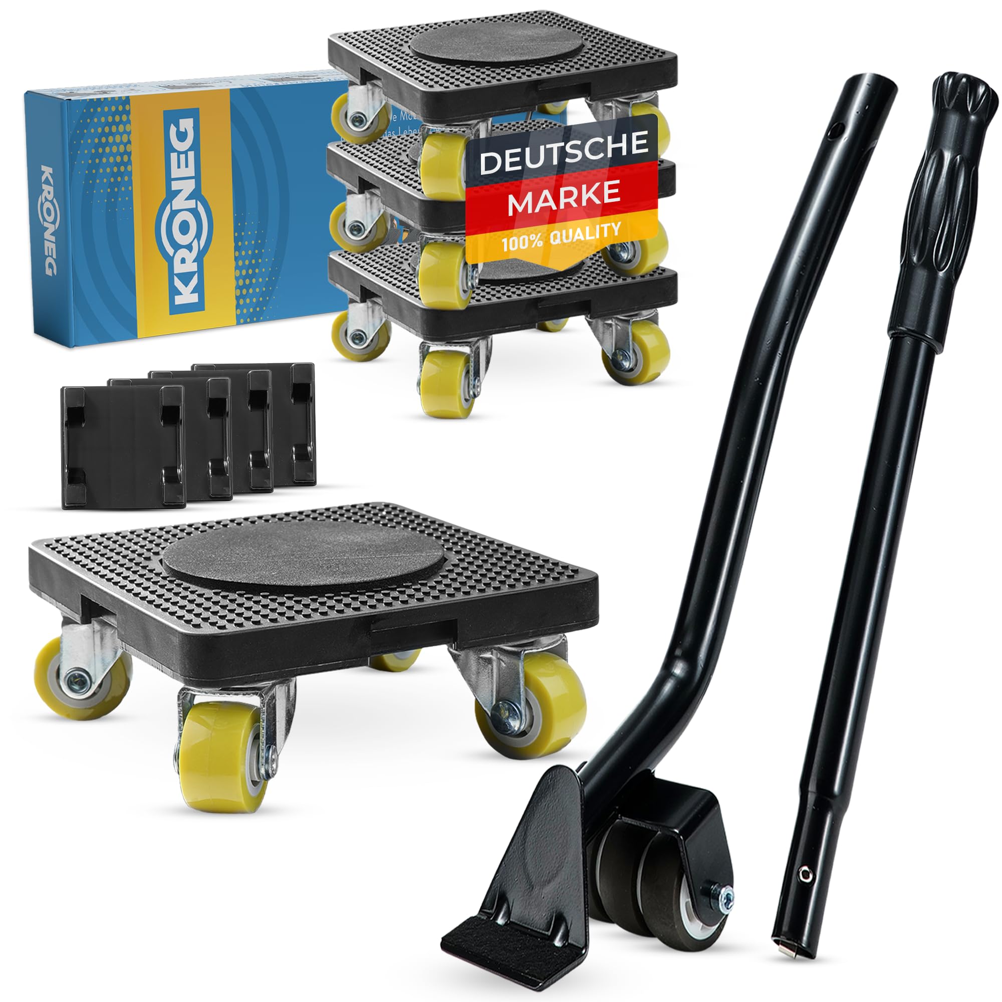 Rullo per mobili, set di 4 ruote per il trasporto di mobili e tecnologia FlexFit, scooter a 360 gradi, sollevatore per mobili con manico, 4 regolatori di altezza, ideale per mobili pesanti fino