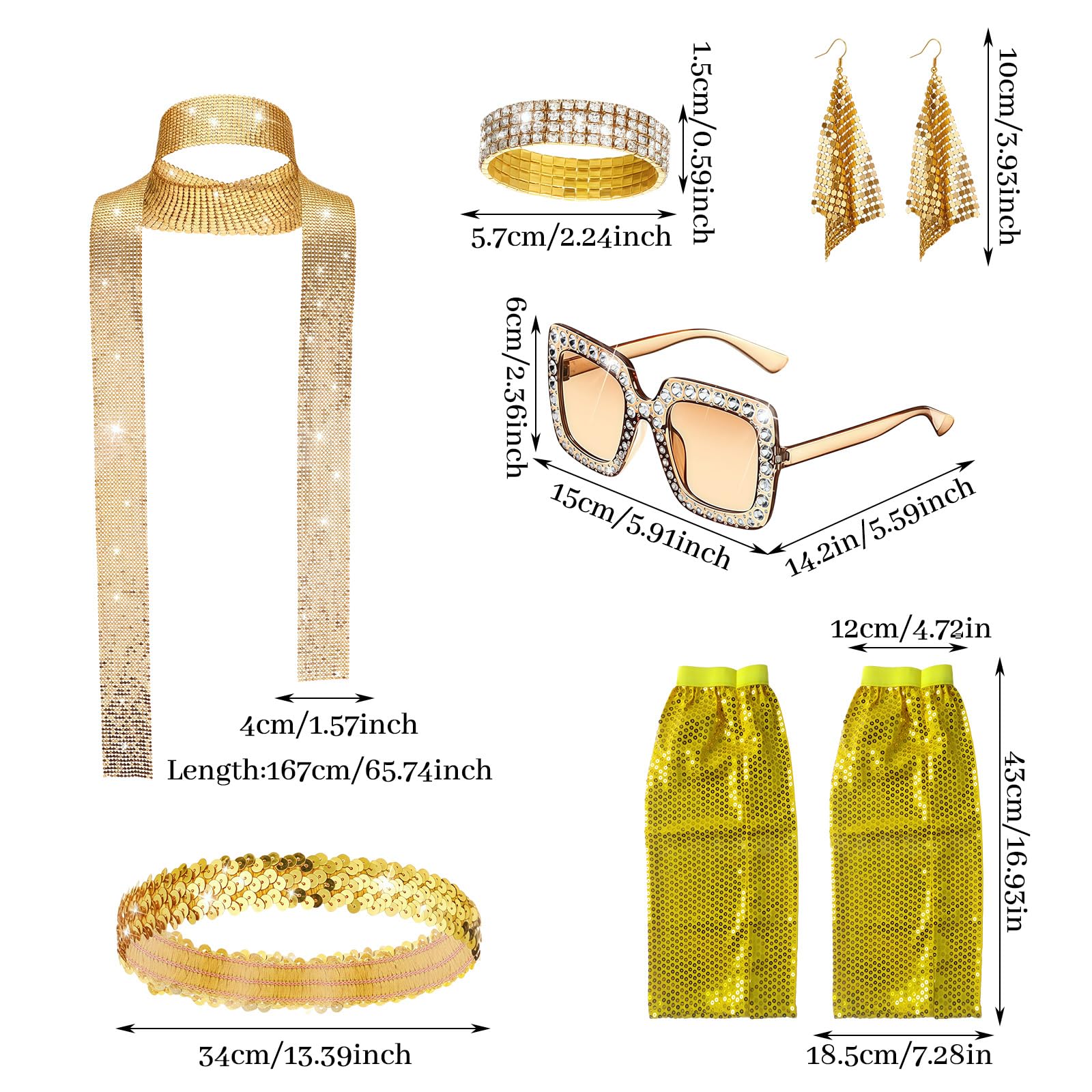 MUNSKT 70s 80s Disco Golden Accessories Set,Frame Bling Sunglasses Earrings Headband Bracelet Leg Warmers,6PCS Abba Accessories Set,Retro Disco Fancy Dress Kit for Women for Theme Parties (Gold) - Image 2