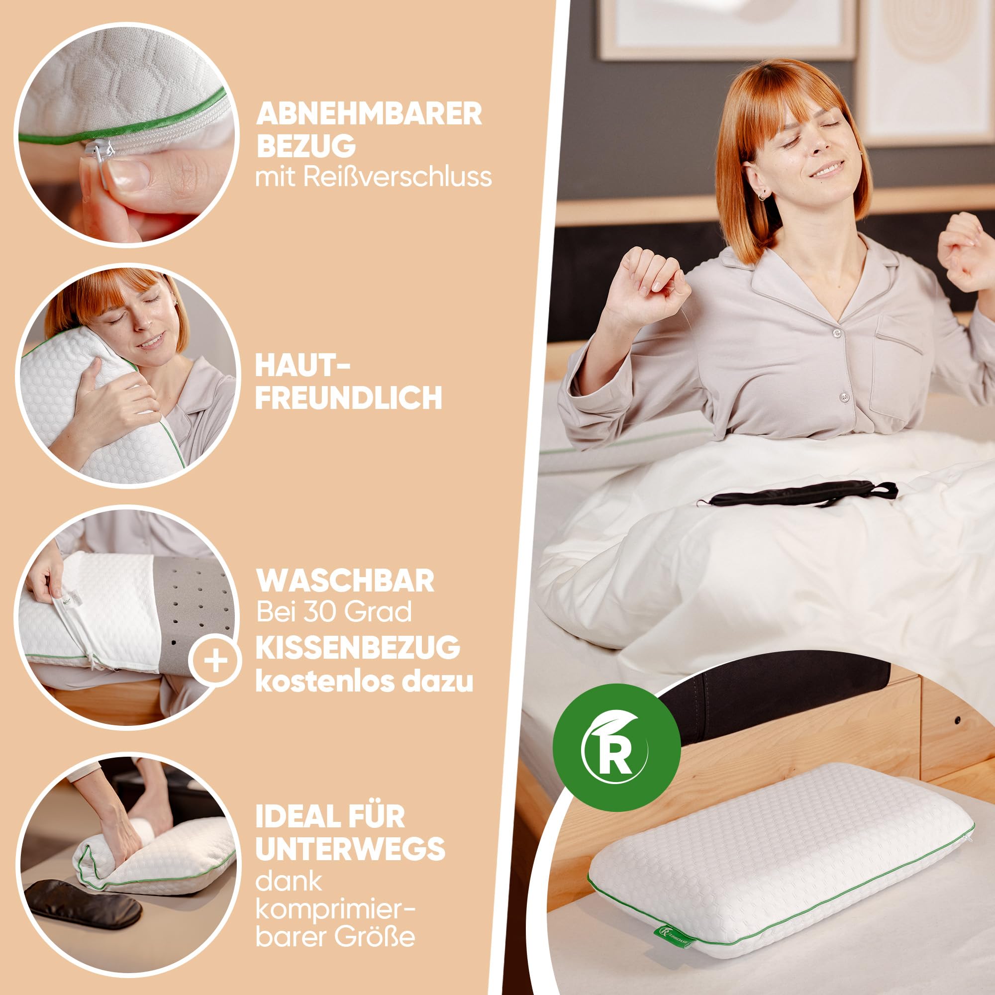 Cuscino ergonomico per il collo (50 x 30 cm), cuscino ortopedico in memory foam, in carbone di bambù, con rivestimento, cuscino per dormire sui lati, schiena e pancia