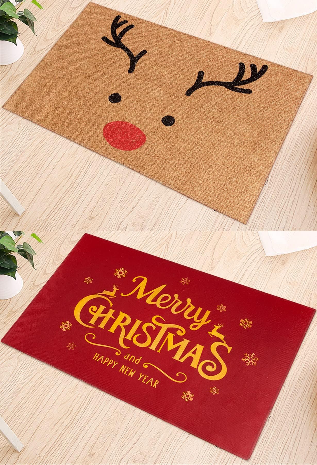 COLOFALLA 2pcs Christmas Door Mats 40x60cm Reindeer Red Gold Merry ...