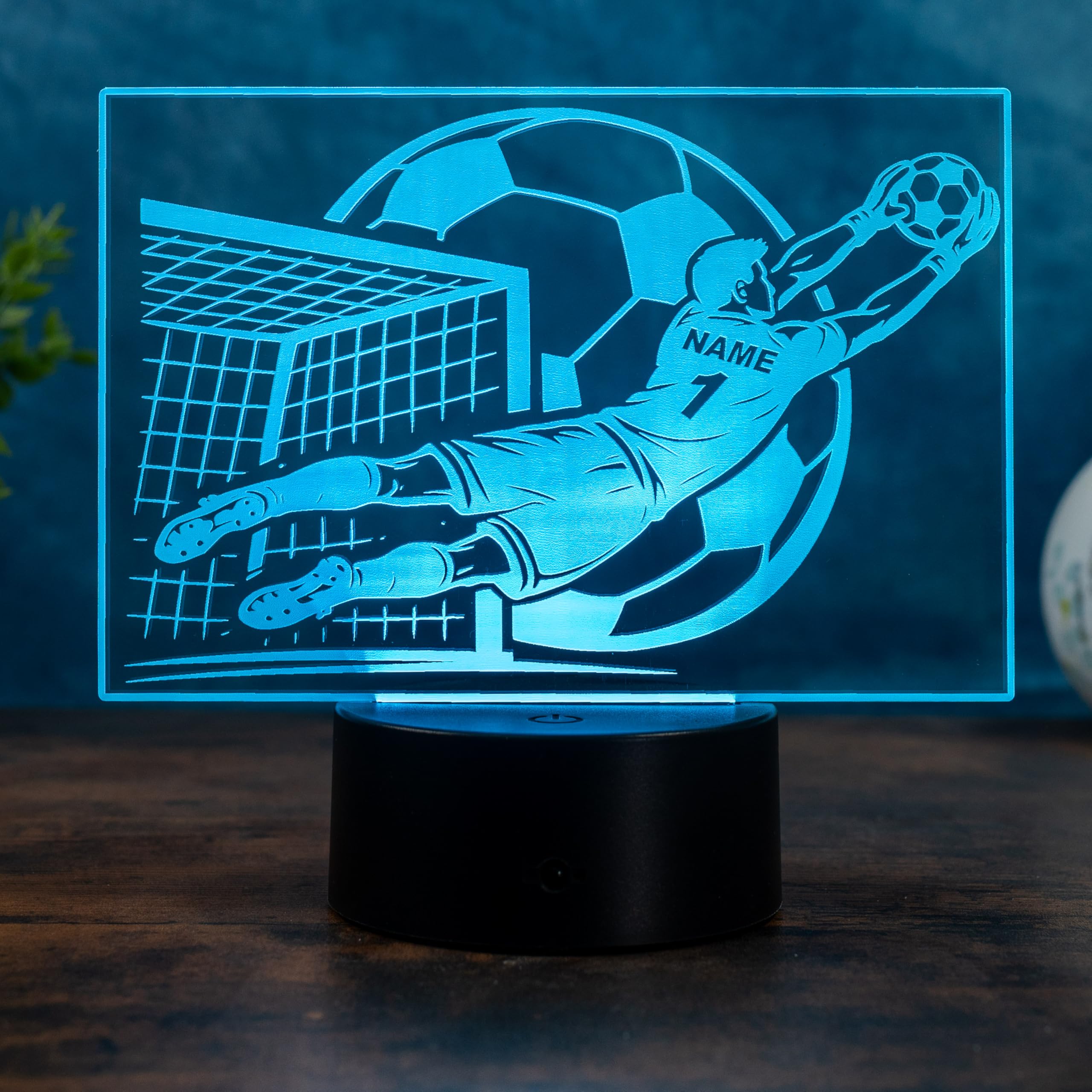 Personalisierte Fußball Torwart Lampe – Geschenkidee für Fußballer mit Name & Nummer, LED Nachtlicht dimmbar mit Farbwechsel, Fernbedienung, USB oder Batterie