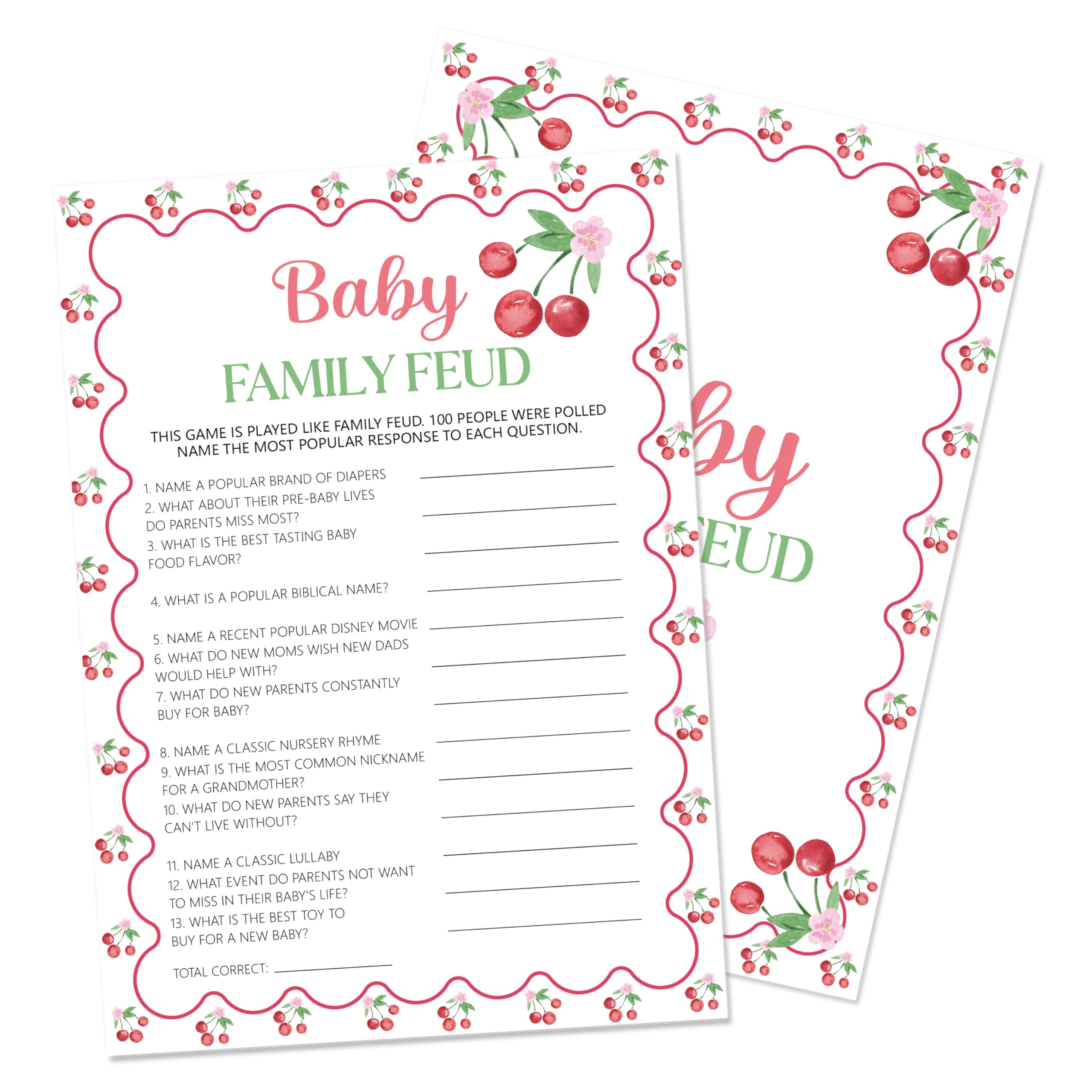 ISOVF Cherry Theme Baby Family Feud Game, 5"×7" Baby Shower Games for Adults, 25 Pcs Gender Neutral Cards for Activities Supplies Decorations - L06
