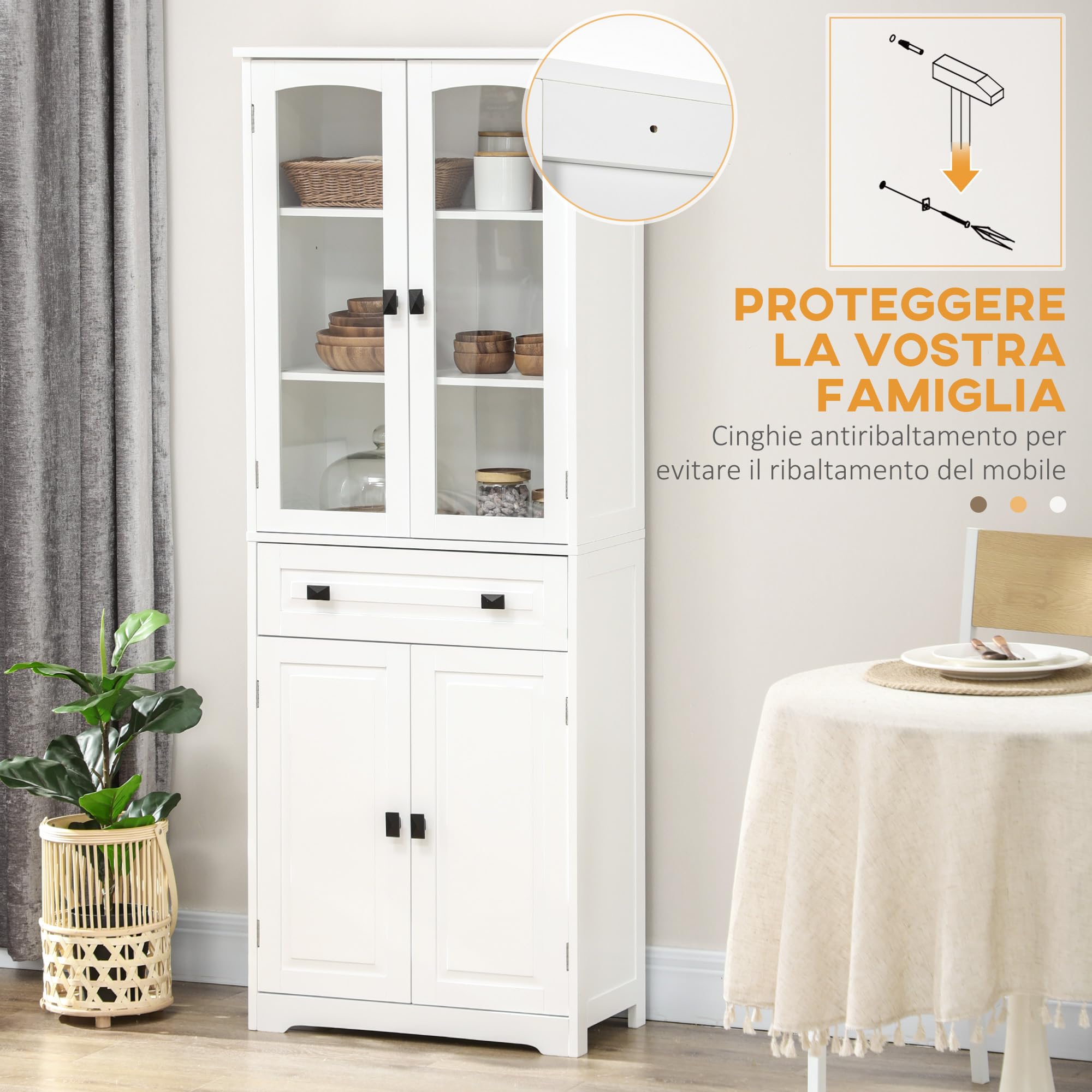 HOMCOM Credenza Cucina con 2 Armadietto e Cassetto 60x30x160cm Bianco | Mobile Dispensa Stretto, Ante in Vetro, Ripiani Regolabili, per Soggiorno, Sala da Pranzo