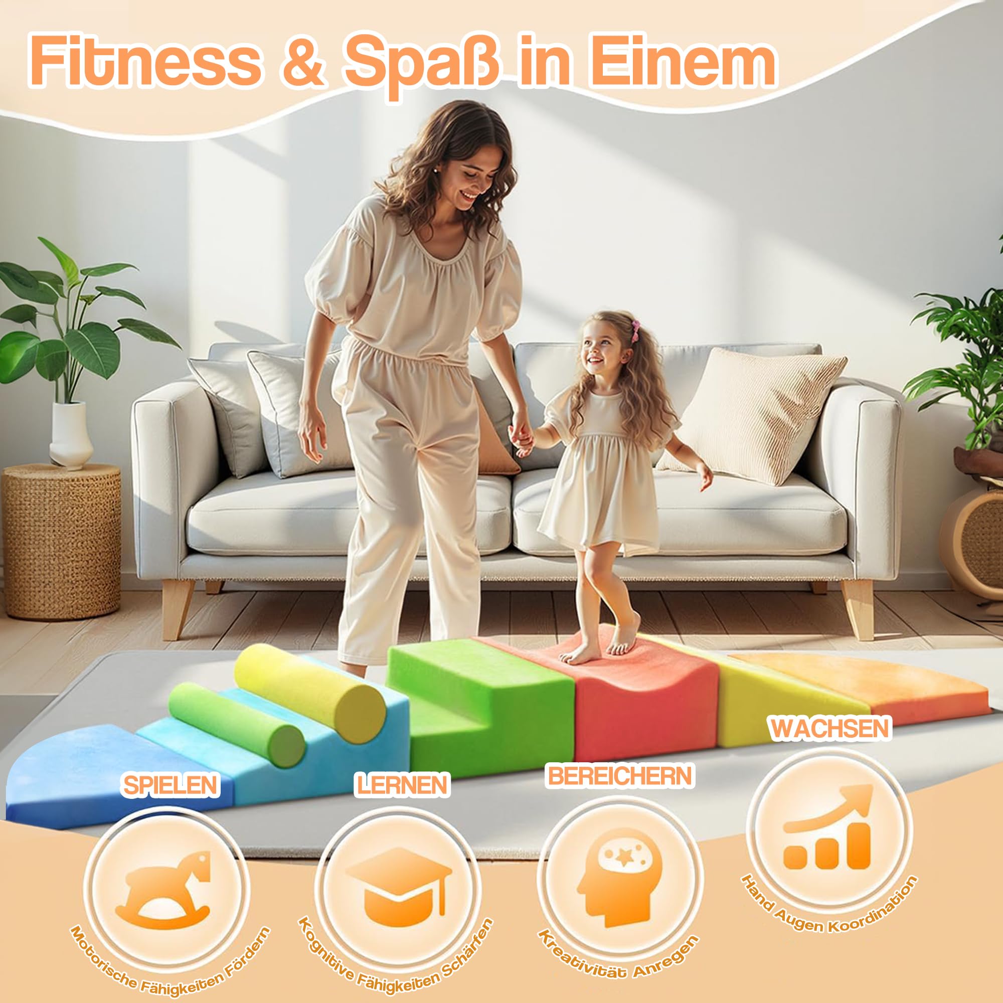 Übergroßes 8-teiliges Schaumstoff Bausteine Kinder, XXL Softbausteine, Waschbare Hülle für Indoor-Spaß, zum Krabbeln & Rollen, Indoor Krabbel Kletter Aktivitäts Spielset