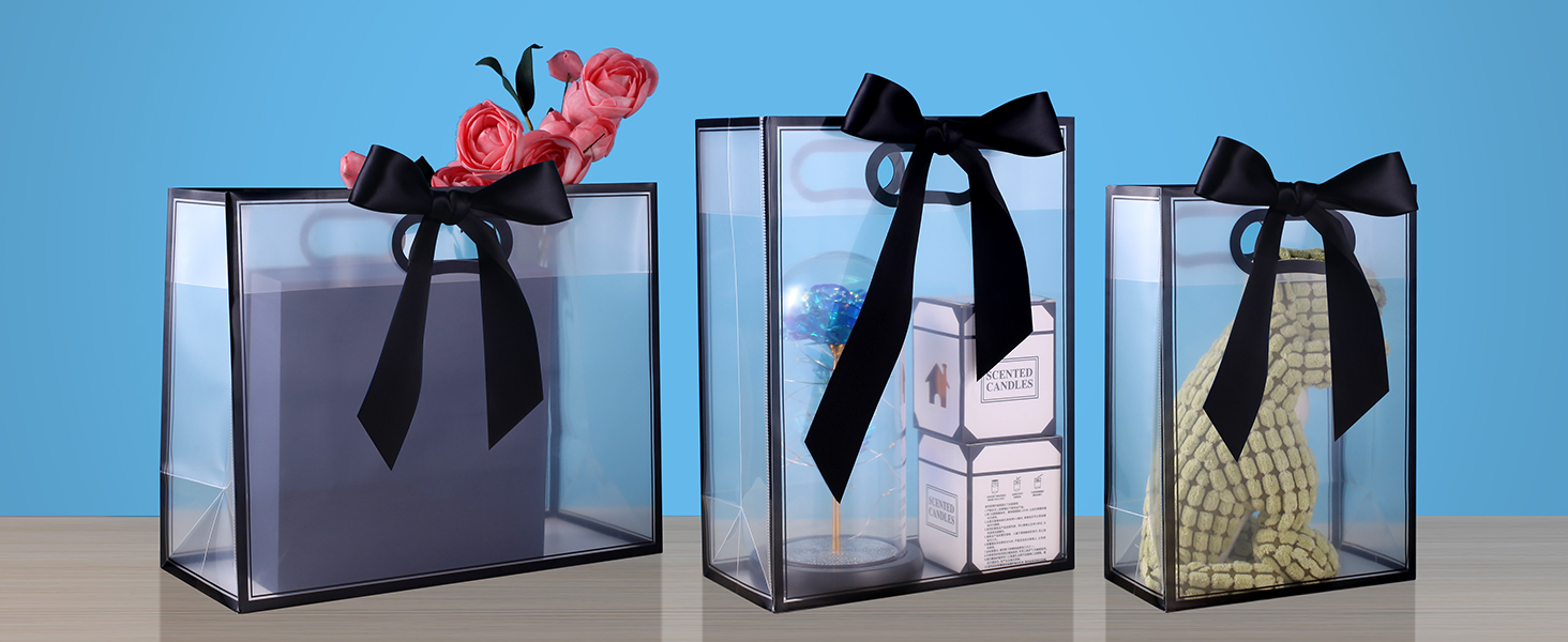 GAWBYET 24 Pcs Clear Plastic Gift Bags with Handles, Reusable Party Favor Bags With ribbons and cards for Mother's Day, Birthday, Wedding,Bachelorette Party,(7 x 10 x 3.15 Inch)