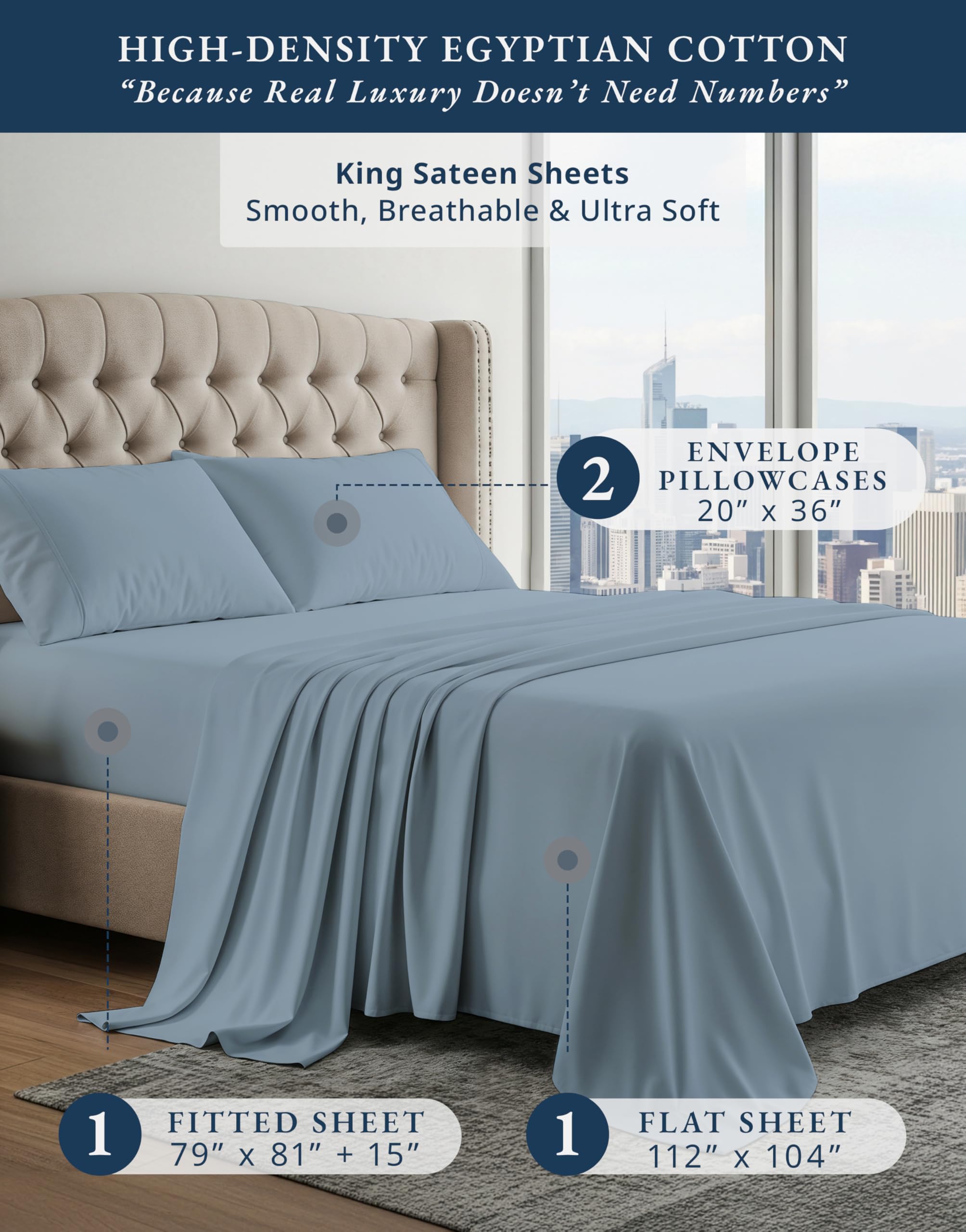 100% Egyptian Cotton King Size Sheets- Naturally Breathable & Durable Winter Comfort, Ultra-Soft Hotel Comfort with 15" Deep Pocket King Sheet Set, Silky Sateen Weave Luxury You Can Feel- French Blue - 2