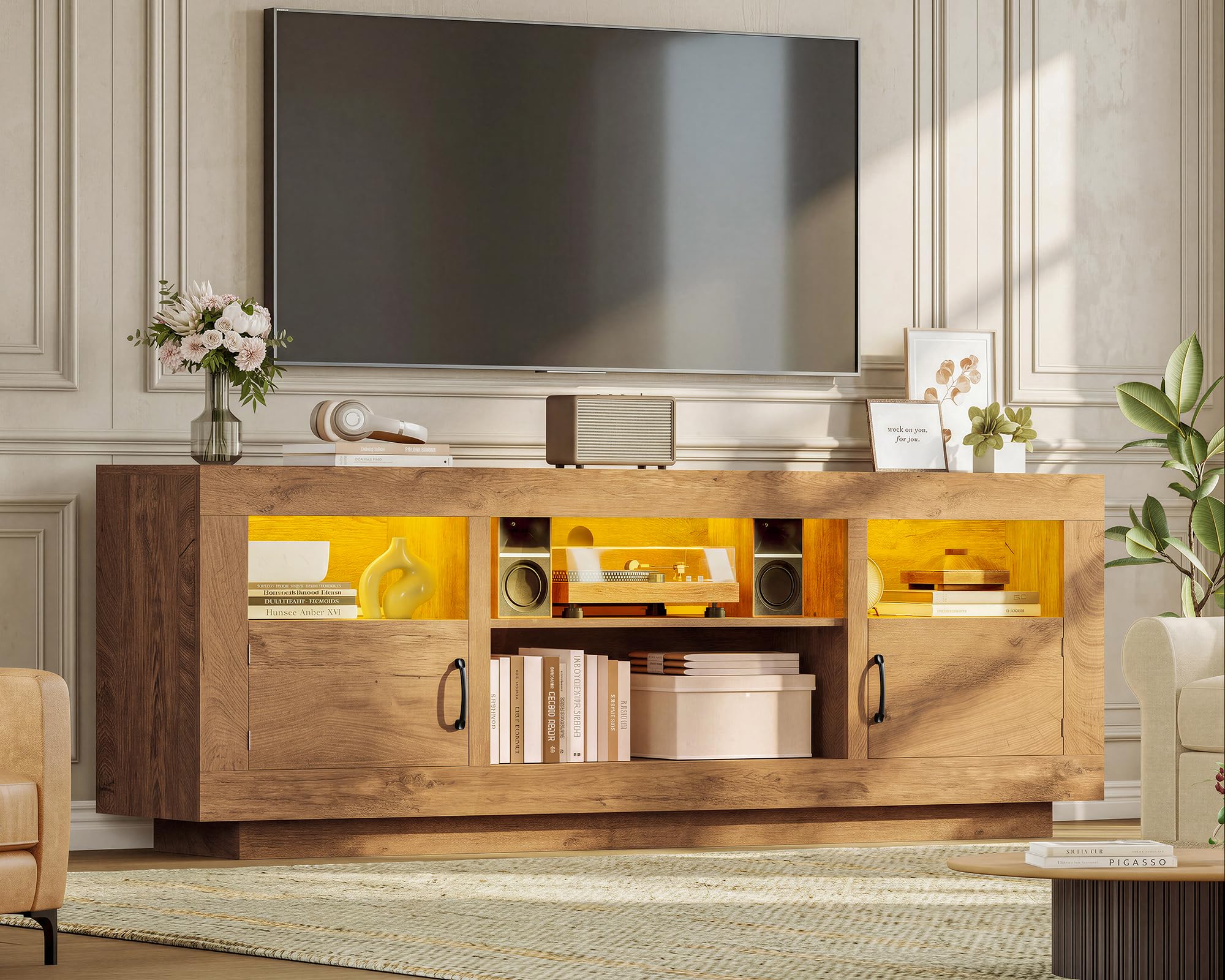TEENFON TV Stand for 75 inch TV, Entertainment Center with LED Lights &amp; Adjustble Shelves, 27.6"H TV Console, Media Console with Open Storage &amp; Side Cabinets, TV Stands for Living Room, Natural Brown