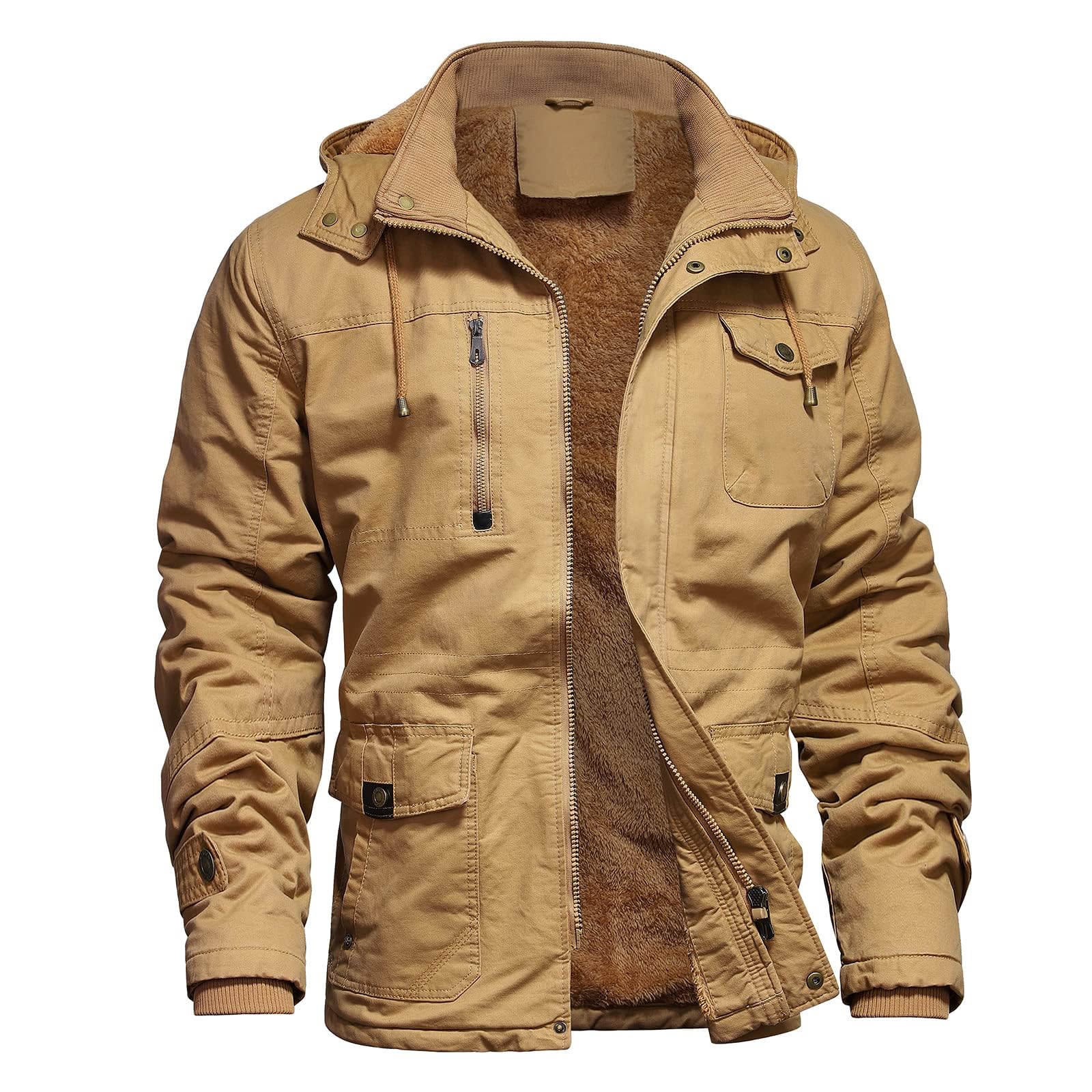 Mens Jacket Winter Casual Fleece Lined Cotton Thick Military Tactical Hooded Work Coats with Cargo Pockets