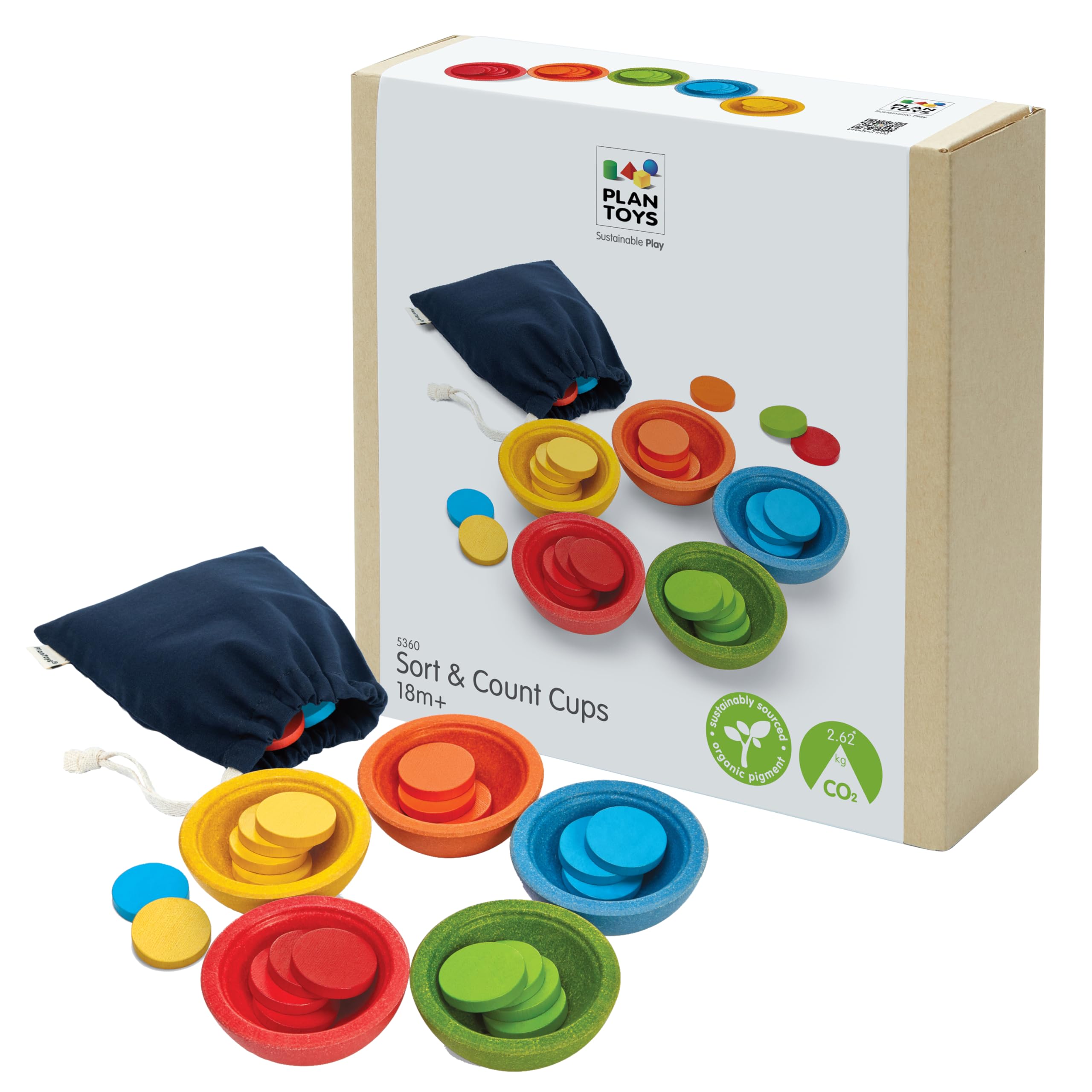 PlanToys Juego De Tazas Para Clasificar Y Contar – 5 Tazas De Colores Y 25 Fichas De Madera, Juguete Montessori De Motricidad