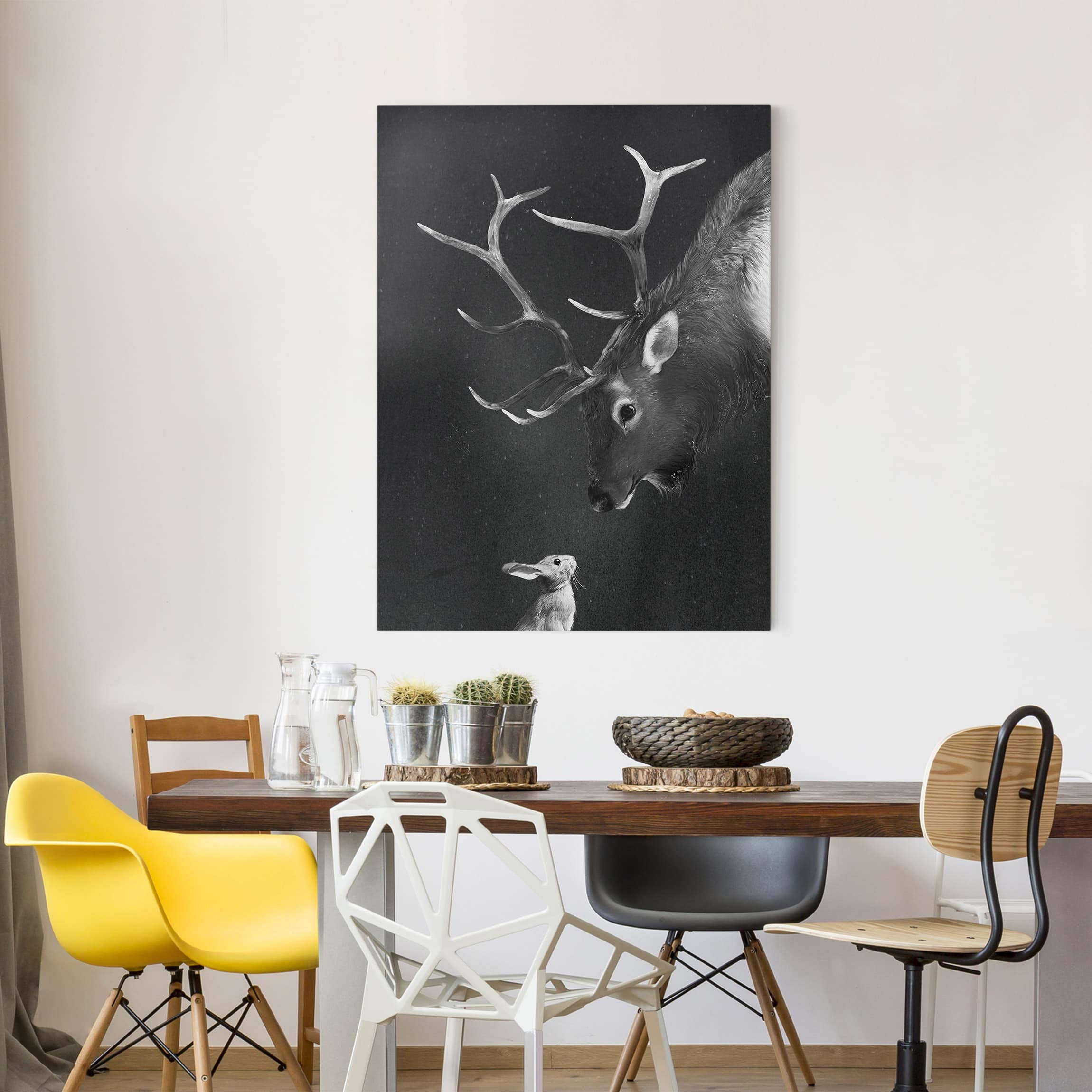 Leinwandbild - Illustration Hirsch und Hase Schwarz Weiß Malerei 80 x 60 cm