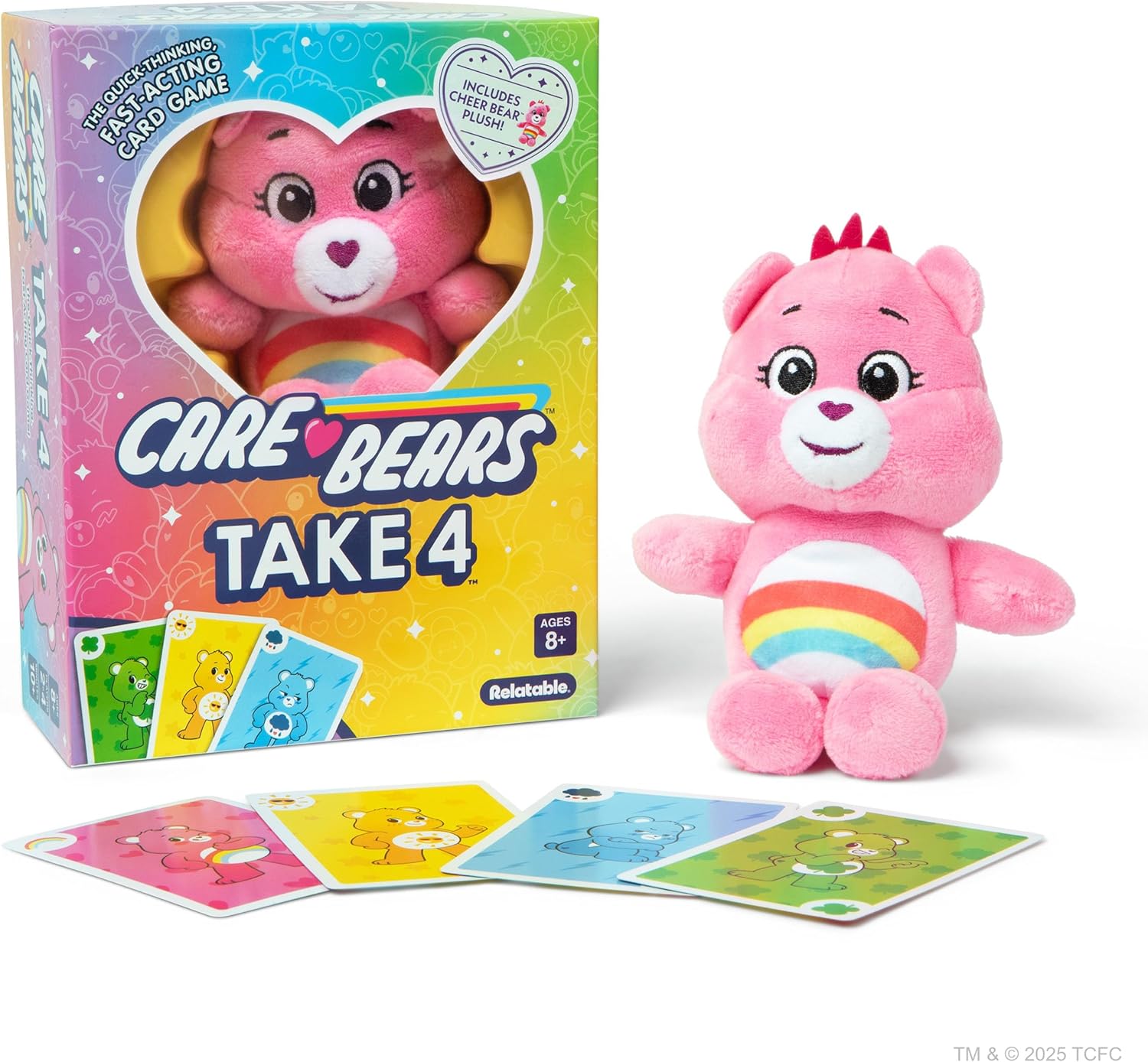 Care Bears™ Take 4 by Relatable – A Fast Card Game Featuring an Exclusive Cheer Bear Plushie, Great for Family Game Night, Easter Basket Stuffers for Kids, & Birthday Gifts, Includes 84 Cards & Plush