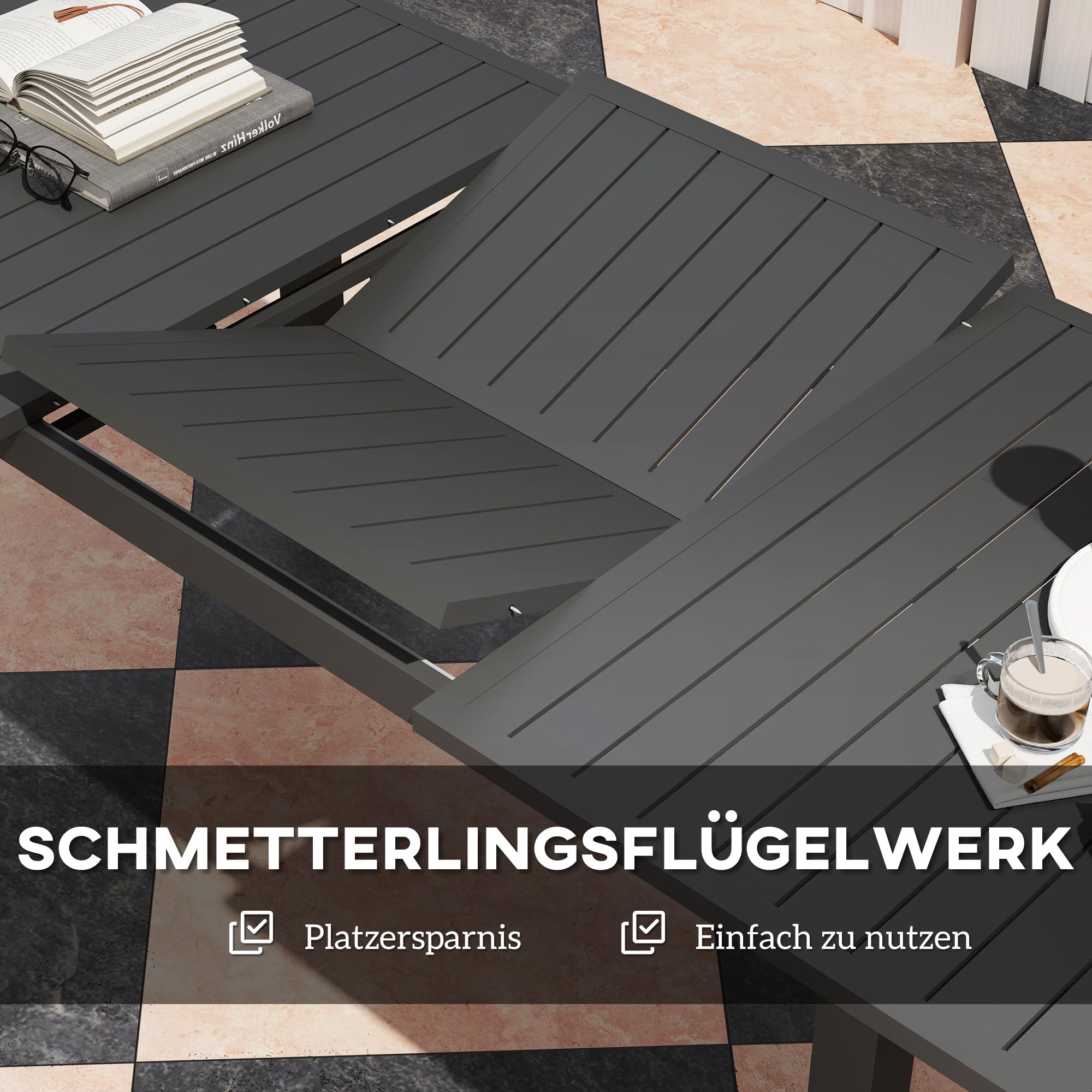 Outsunny Gartentisch Ausziehbar Aluminium Balkontisch 160/220x90 cm Wetterfest Ausziehbar Buffettisch für 6-8 Personen, Outdoor Esstisch für Garten, Terrasse Balkon Grau
