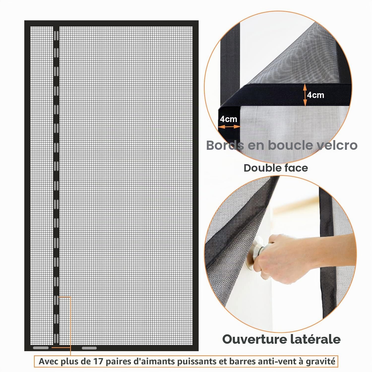 Risareyi Moustiquaire Porte Fenêtre Magnétique 200x220cm, Noir Réversible | Filet en Fibre de Verre Résistant, Anti UV, Ouverture Latérale, Moustiquaire Aimantée, Anti-Insectes, 4cm Ruban Adhésif
