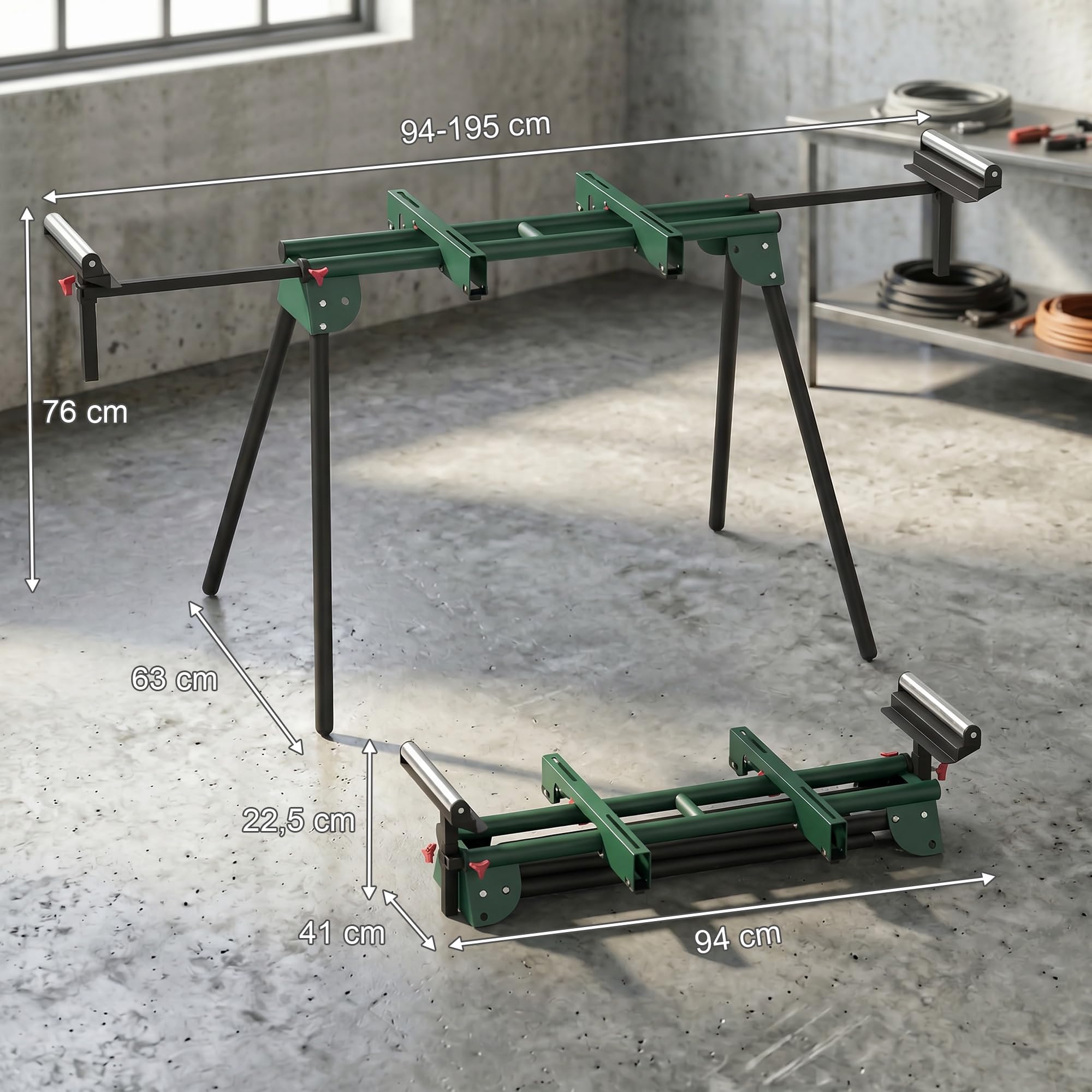 HOMCOM Soporte Sierra Ingletadora Universal Rodillos Extensibles 94-19 cm | Banco de Trabajo Plegable, Altura y Ancho Ajustable, Estructura Metálica Reforzada, Sistema Fijación, Carga 150 kg