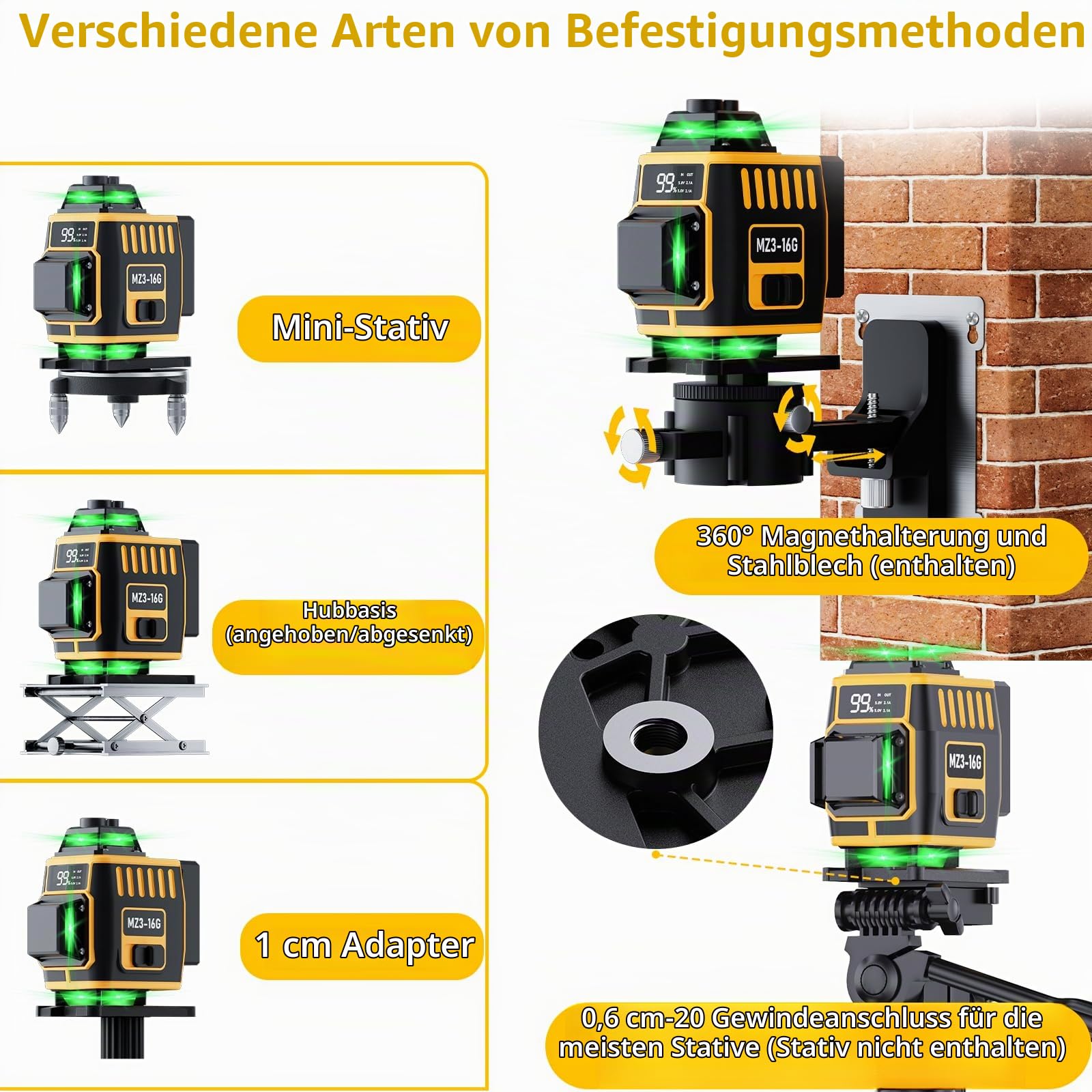 Kreuzlinienlaser Grün 16 Linien,4 x 360 °Laser Wasserwaage Selbstnivellierend,Nivellierlaser mit LED Digitalanzeige,360 grad laser für Konstruktion und Ausrichtun 2 Akkuse,Einstellbare Helligkei