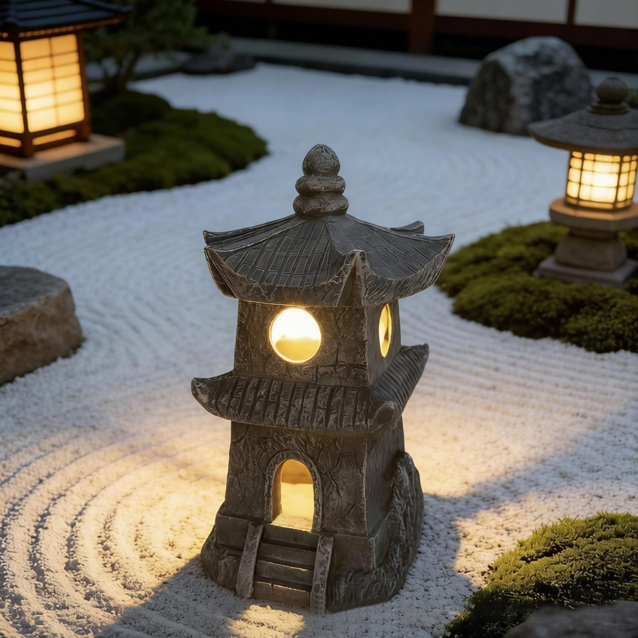 Lampada da giardino solare con pagoda in resina grigia da 11, 8 pollici per esterni, statua a lanterna per percorso, patio, giardino Zen, illuminazione paesaggistica