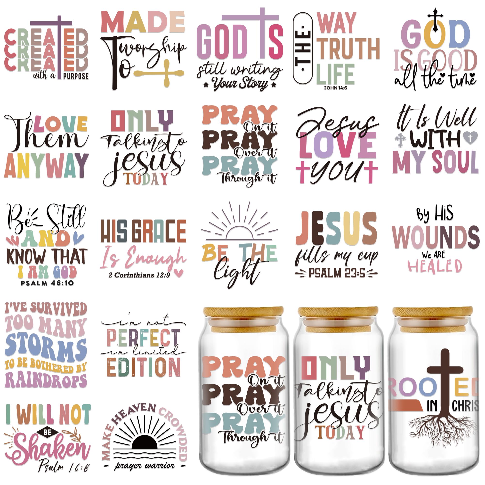 AFRITEE UV DTF Cup Wrap - 20 Sheets Bible Verse UV DTF Cup Wraps for 16 oz Glass Coffee Cups, Motivational Quotes Decal Rub on Transfer Stickers for