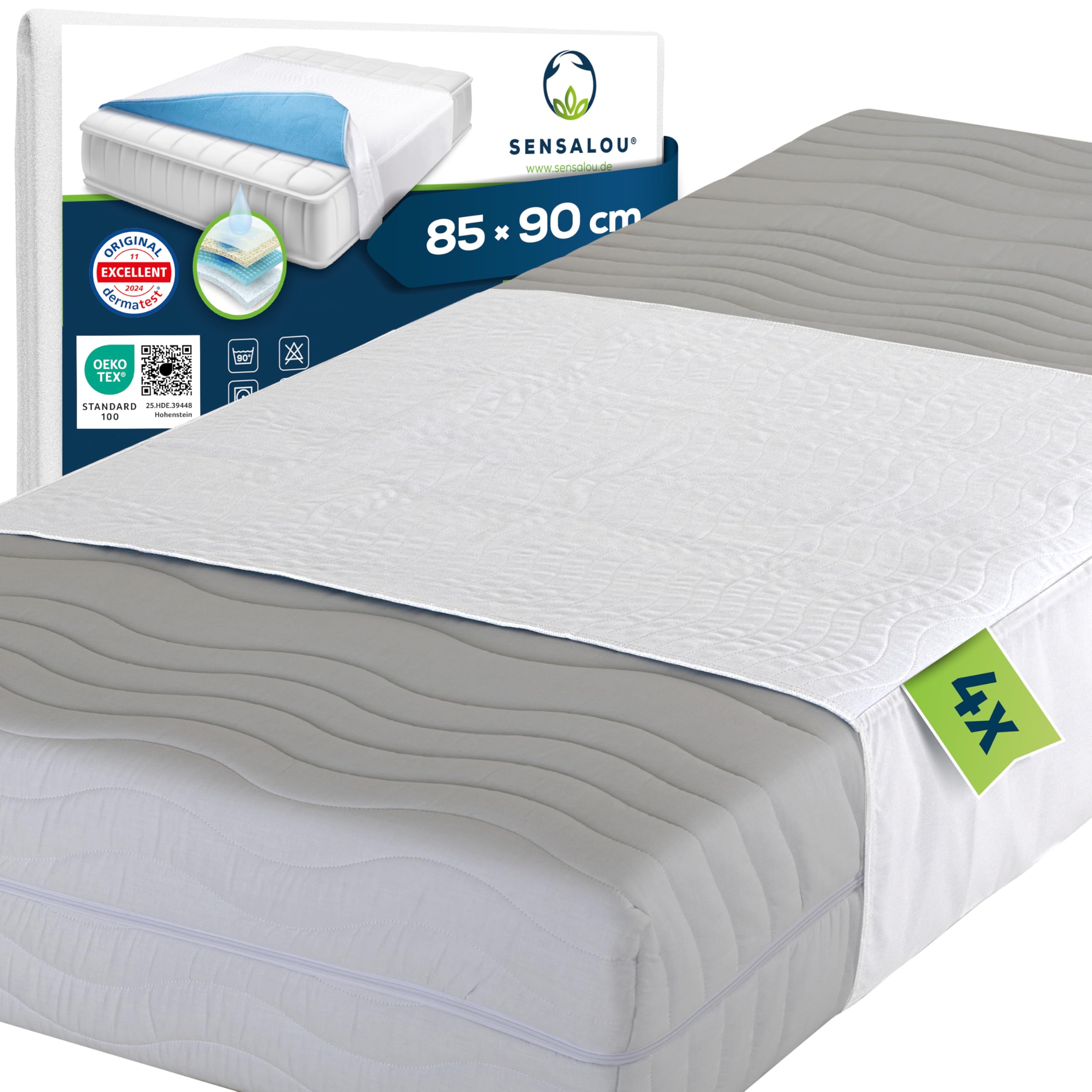 Sensalou Traverse Impermeabili 85x90 cm – Set da 4 con Alette 44 cm | Lavabile 90°C | Assorbenza 2400 ml/m² | Tessile Morbido & Silenzioso – Protezione Materasso Neonato & Adulto