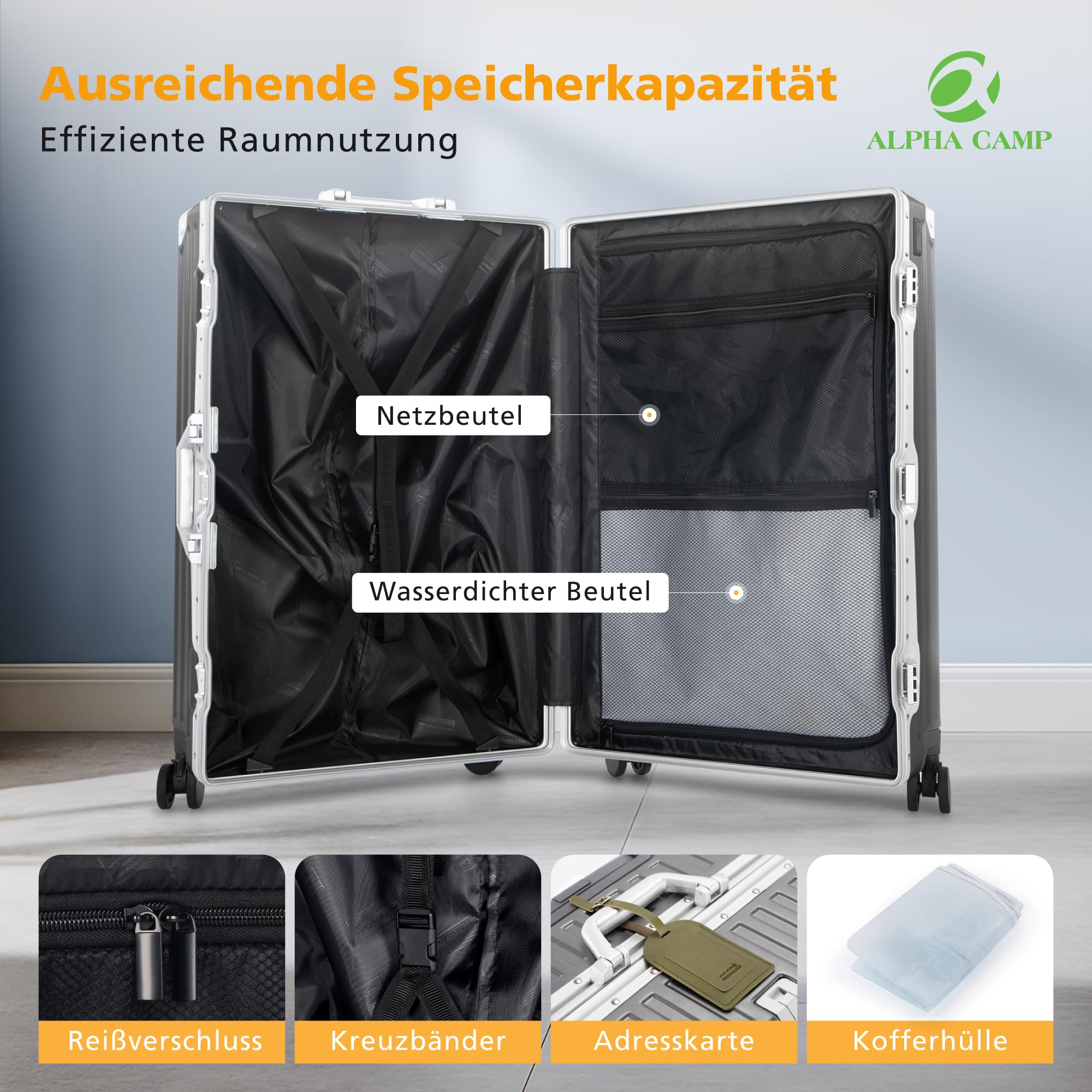 ALPHA CAMP Juegos de Maletas 2Piezas Policarbonato y Aluminio Maleta Cabina, Maleta Mediana y Grande XL Gris, Viaje TSA Schloss, Maleta Rígida con Ruedas Giratorias Silenciosas
