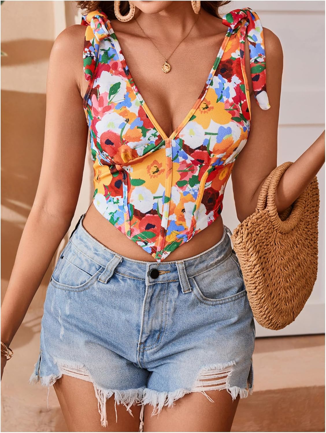 Floerns Women's Floral Tie Shoulder Corset Top Summer V Neck Hanky Hem Crop Tank Top - Image 3