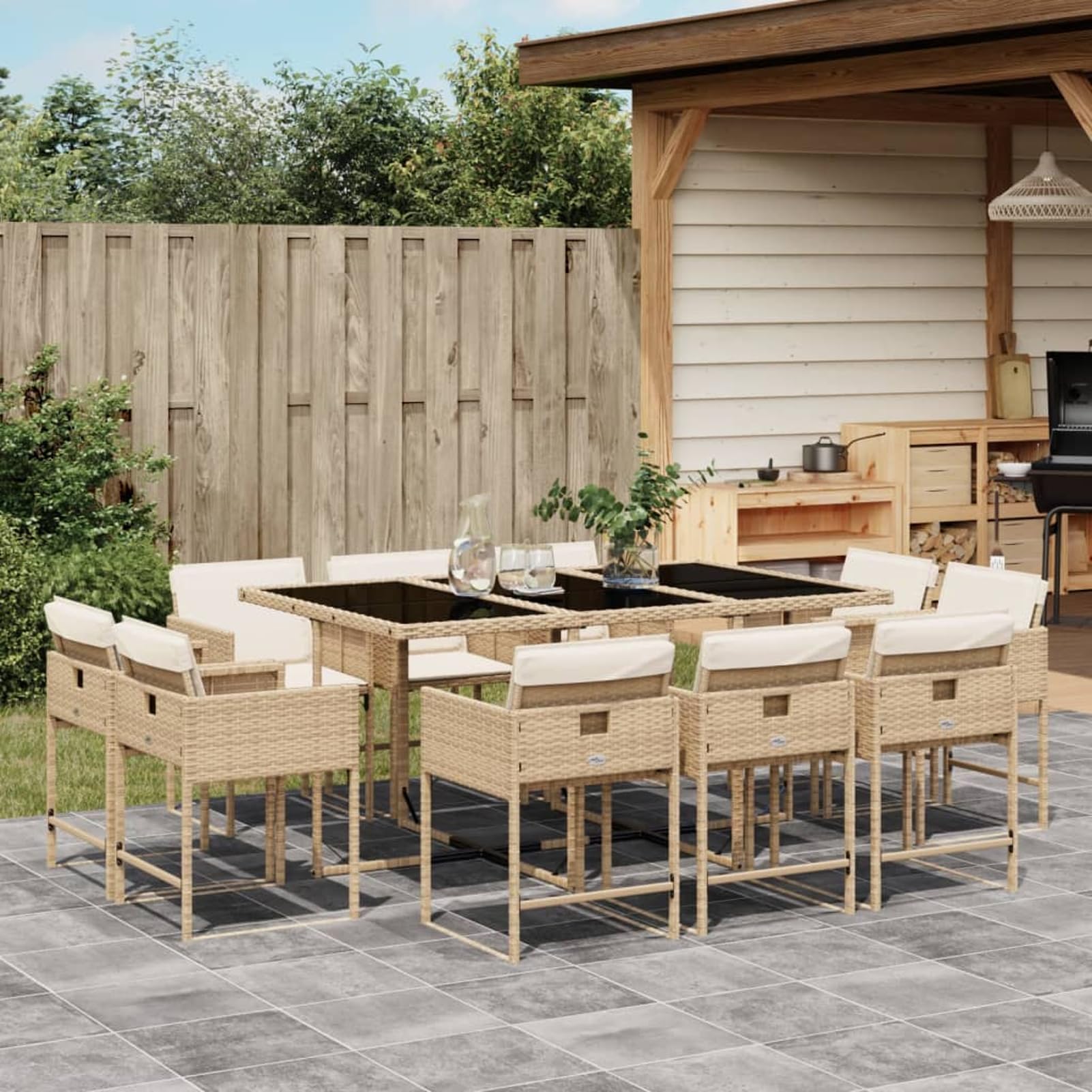 Gecheer Set da Pranzo Giardino 11 Pezzi, Sedie Ribaltabili con Cuscini Spessi in Polyrattan Beige, Arredo da Esterno Salvaspazio per Pranzo all'Aperto