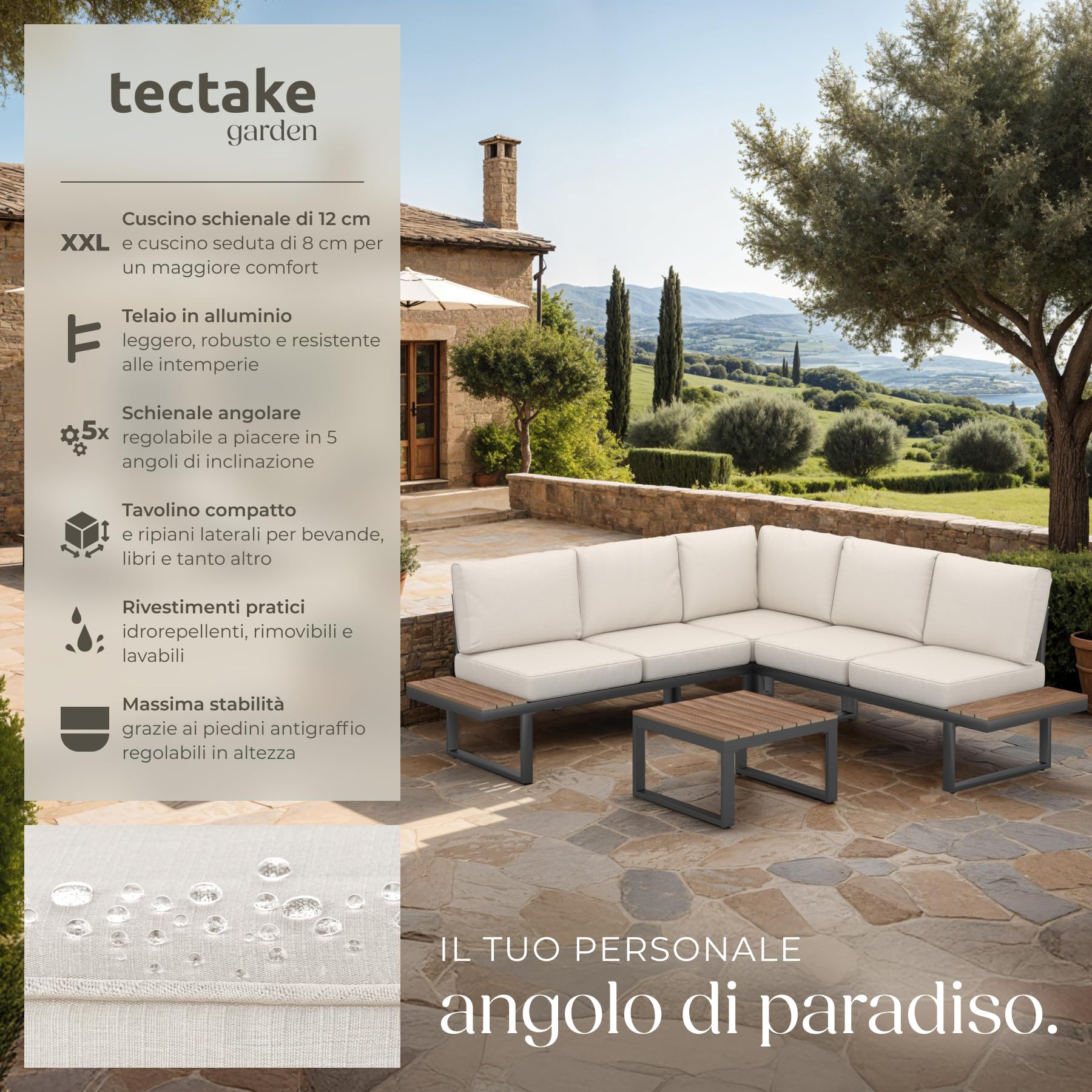 tectake® Set Salottino da Giardino 4 Pezzi, 1 Tavolino Salotto, 2 Divani, 1 Divano ad Angolo, Telaio in Alluminio Inossidabile, Cuscini Imbottiti Idrorepellenti, Schienale Regolabile - Nero