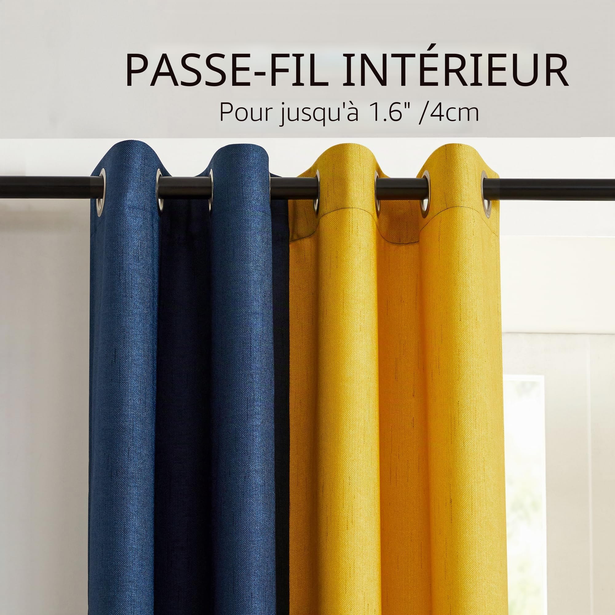 PRIMROSE Lot de 2 Rideaux occultants en Lin à Isolation Thermique avec œillets pour Salon, Chambre à Coucher, Bleu Marine, Jaune, 274,3 cm de Long
