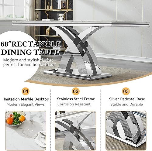 Miniatura 4 de Goujxcy Juego de 4 mesas de comedor de mármol de 70 pulgadas para 4, mesa de comedor rectangular moderna para 4, mesa de cocina y sillas de mármol