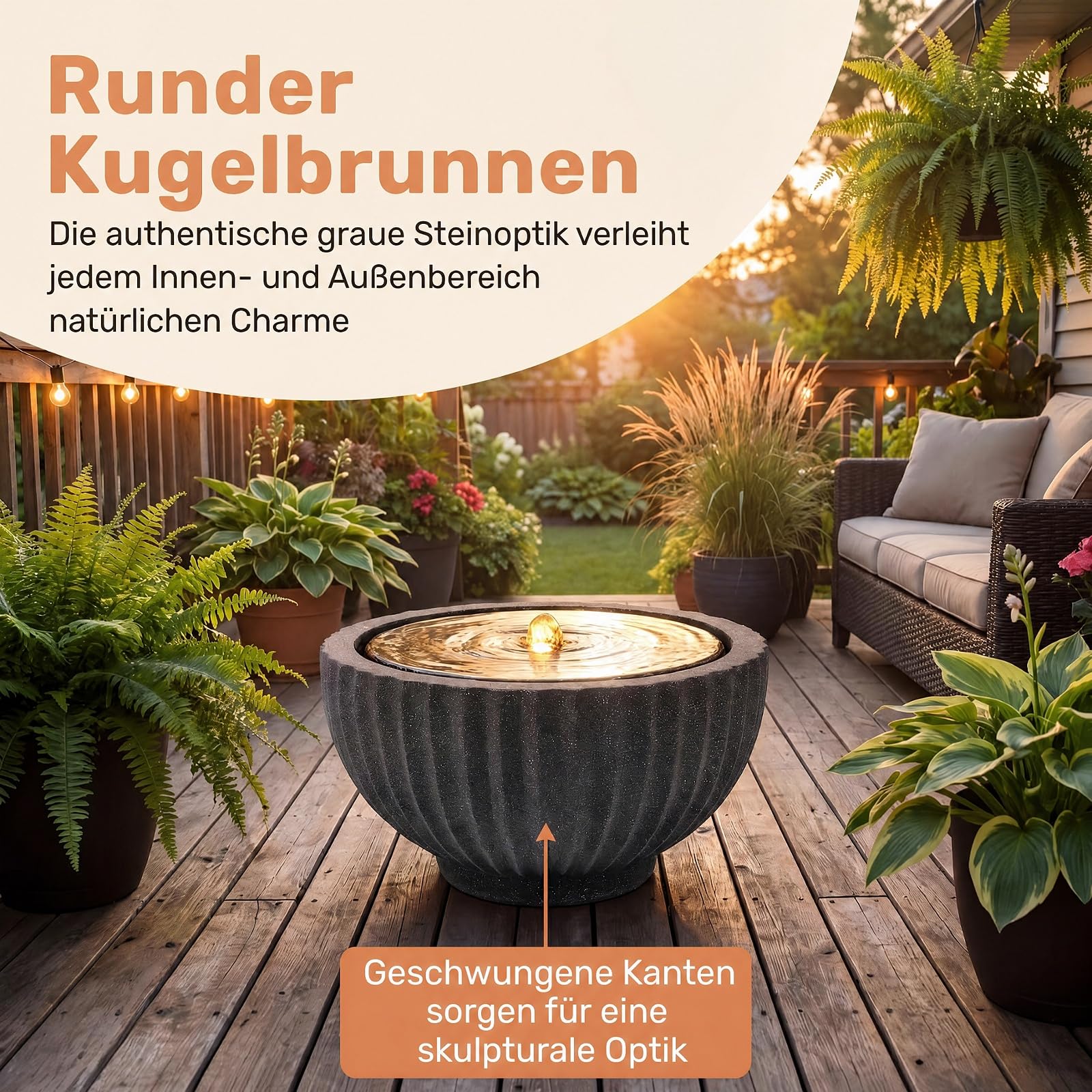 GYMAX Fuente de Jardín Redonda,Fuente Decorativa | Fuente de Agua con Iluminación LED, Bomba Ajustable y Resina Resistente para Salón, Patio y Terraza, 45 x 23,5 cm